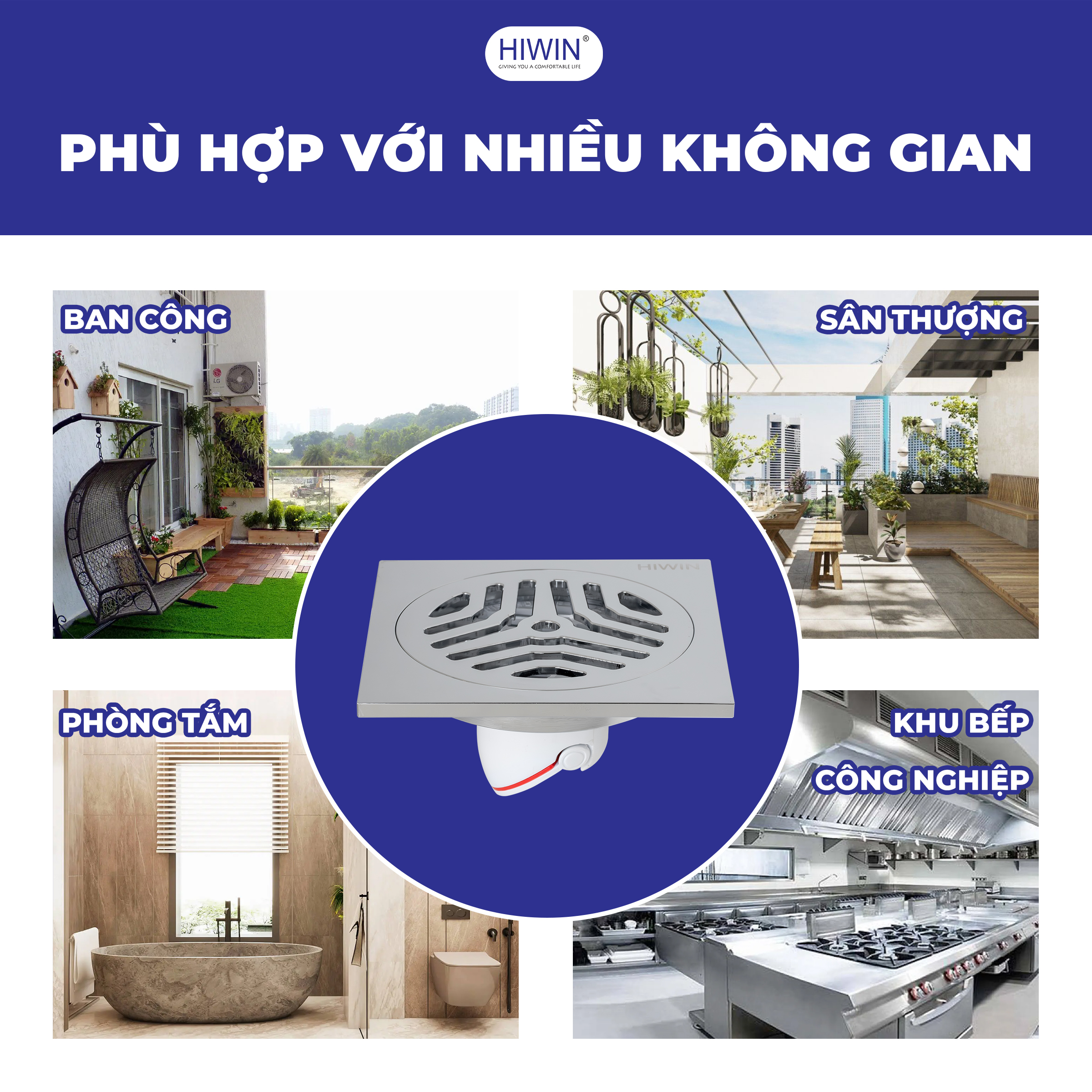 Thoát sàn Hiwin FD-1122 Mạ crom có thiết kế linh hoạt, dễ dàng lắp đặt tại nhiều khu vực khác nhau