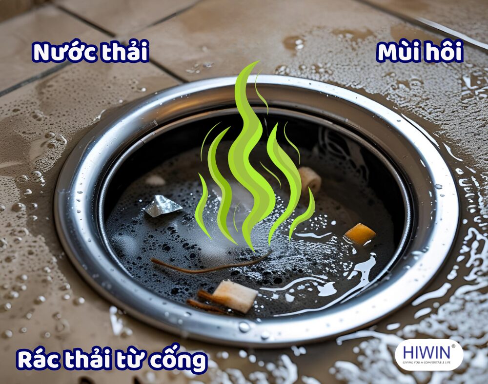 Thoát nước chậm , trào ngược khiến rác nước thải tràn ngược lại lên nhà vệ sinh