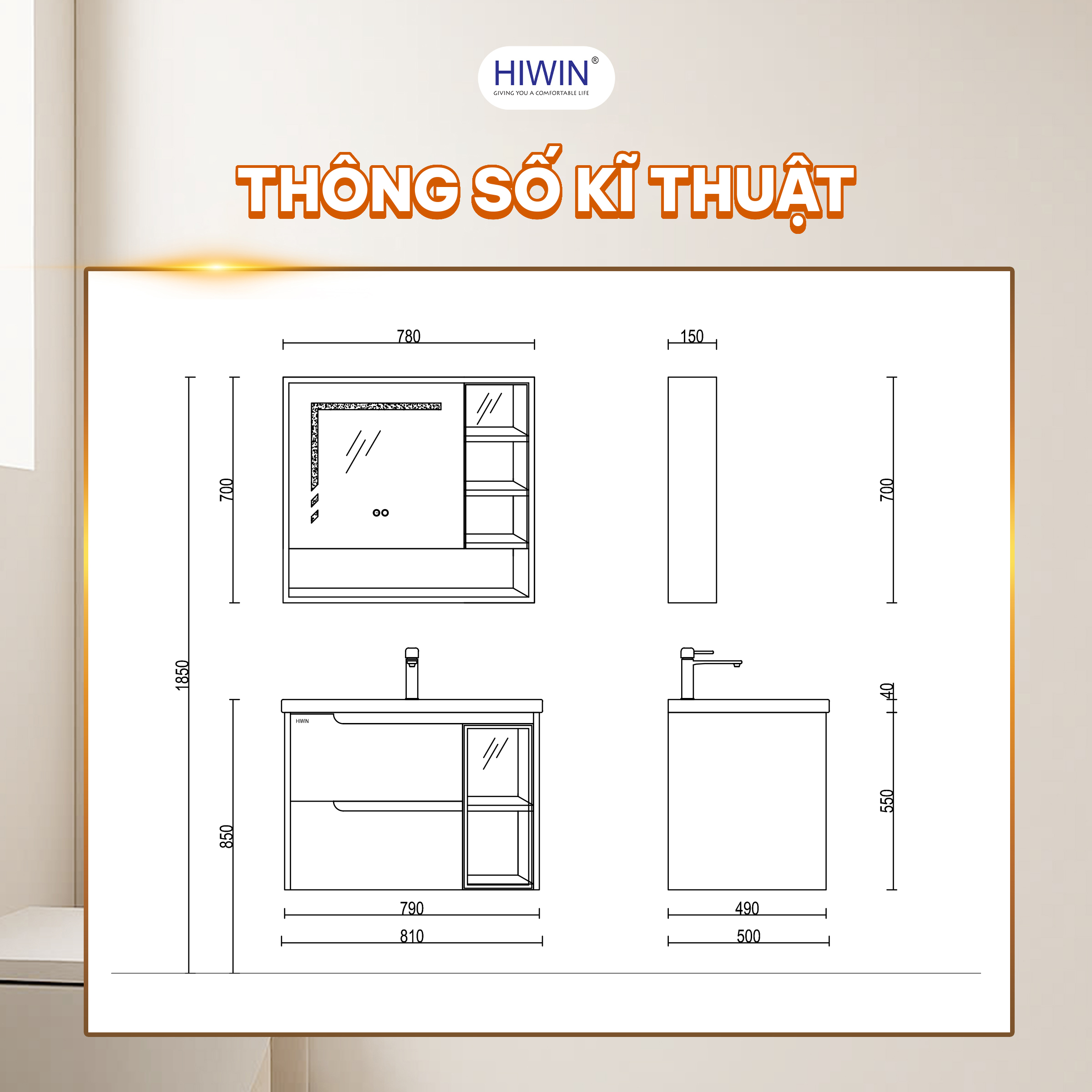 Bản vẽ kĩ thuật của bộ tủ lavabo nhà vệ sinh Hiwin YP-1468