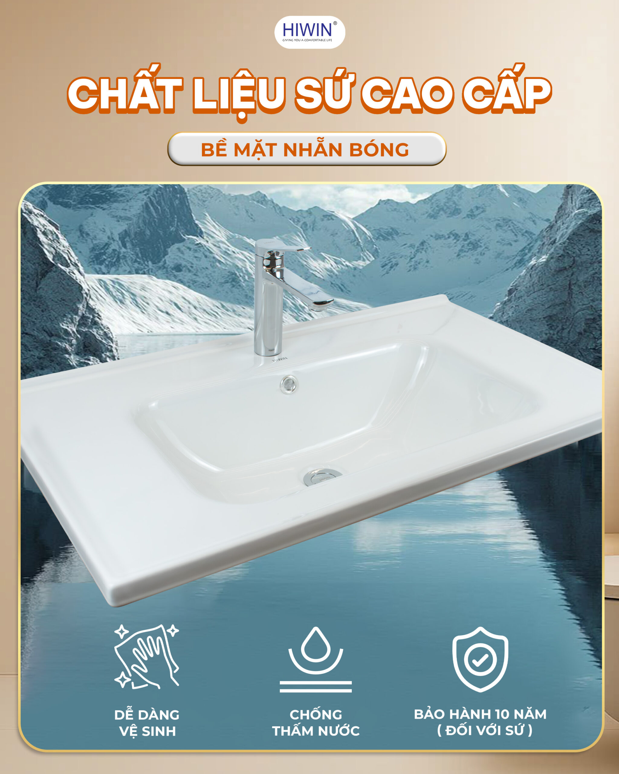 Chậu rửa mặt sứ tạo cảm giác liền mạch với tổng thể thiết kế