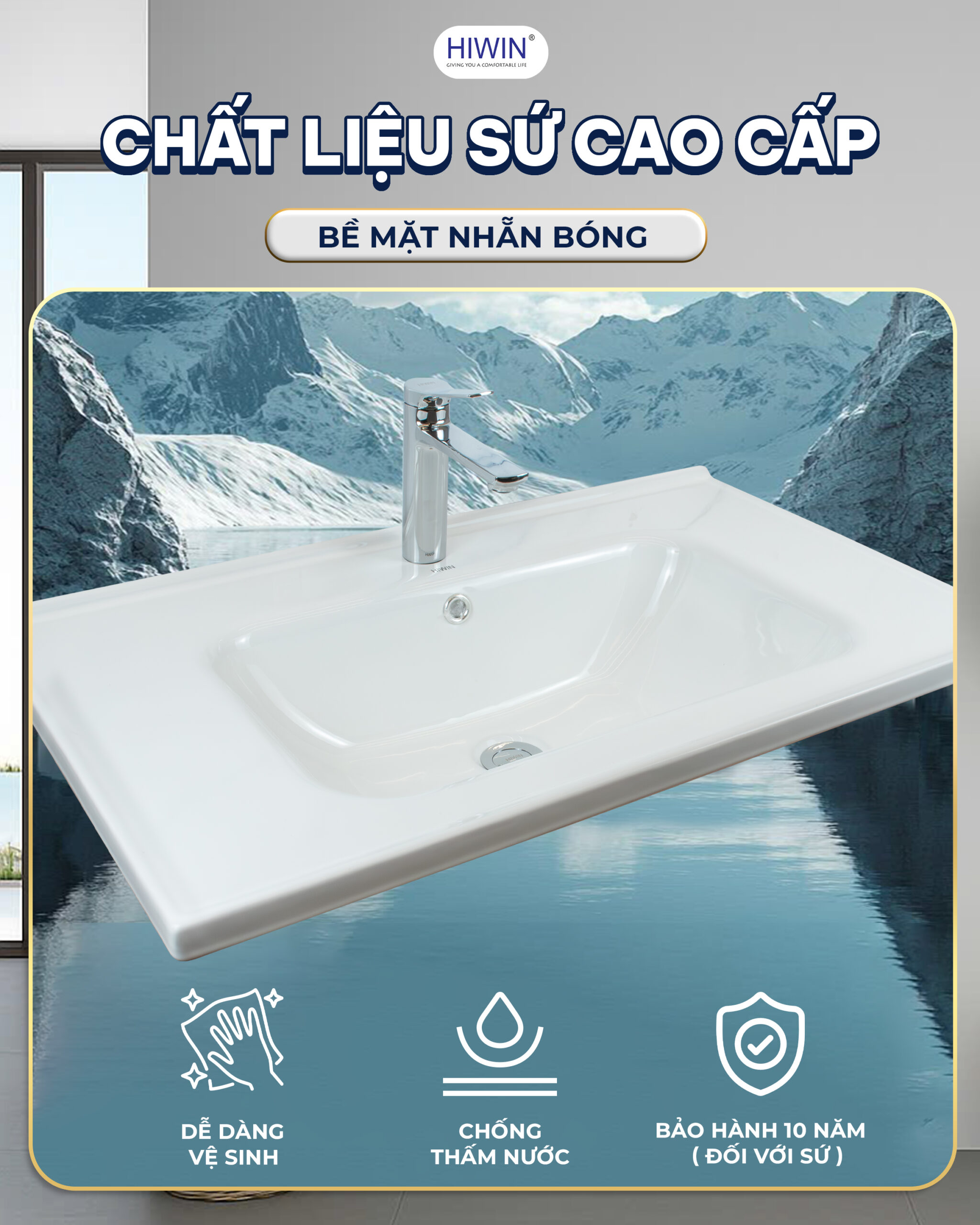 Chậu rửa mặt sứ tạo cảm giác liền mạch với tổng thể thiết kế 