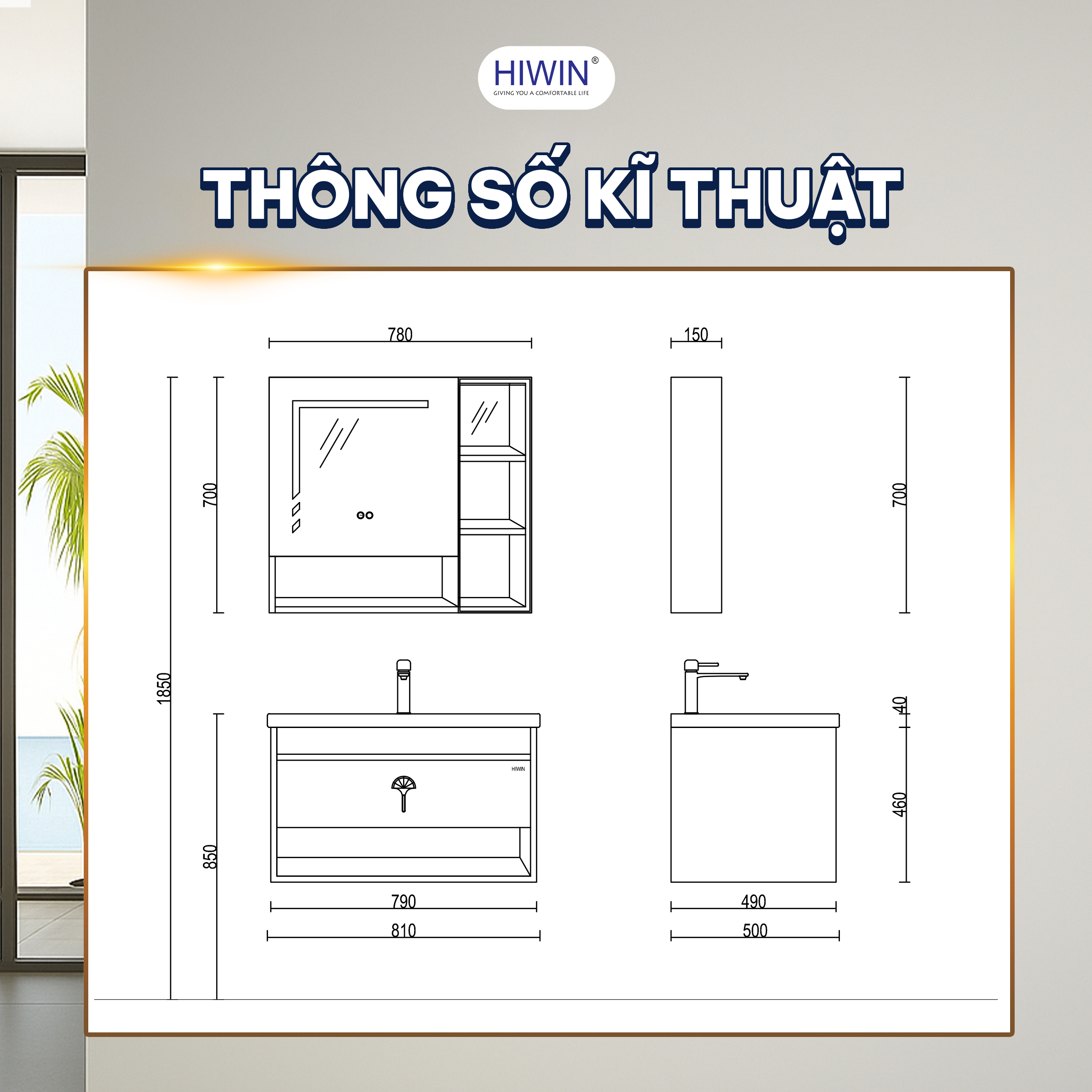 Bản vẽ kĩ thuật của bộ tủ lavabo nhà vệ sinh Hiwin YP-1479