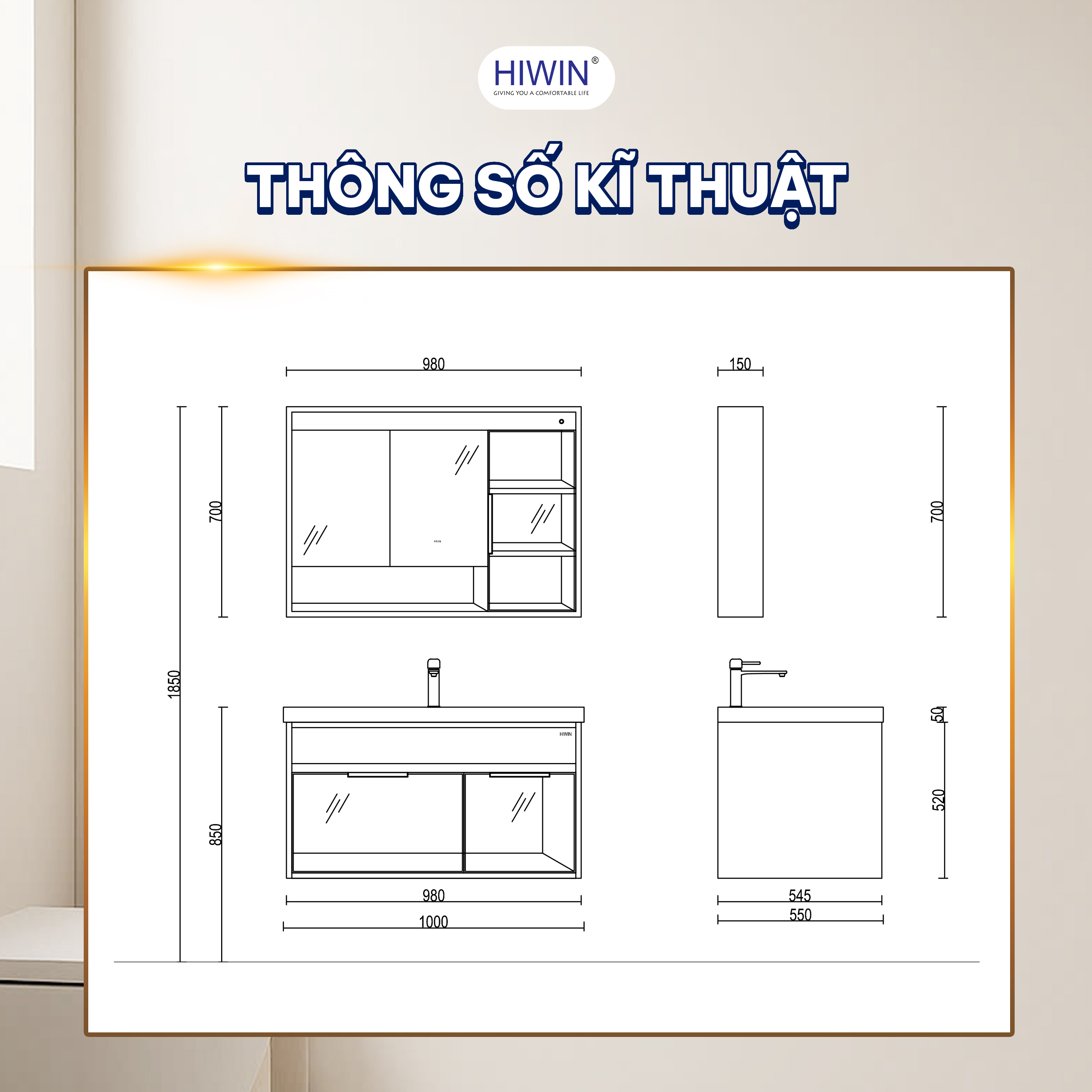 Kích thước của tủ chậu lavabo Hiwin YS-2613