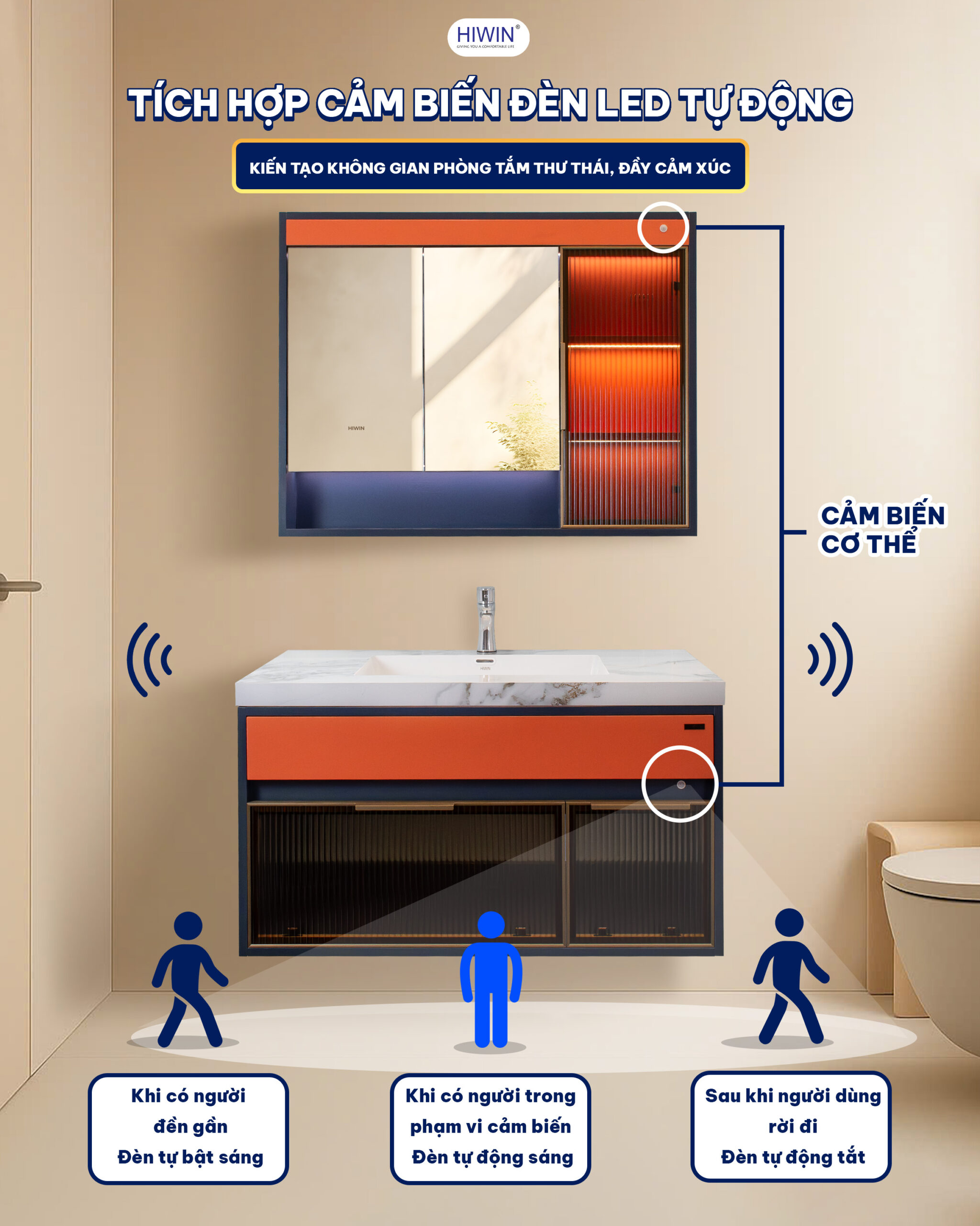 Tủ gương và tủ chính được trang bị hệ thống đèn LED trang trí cảm biến tự động
