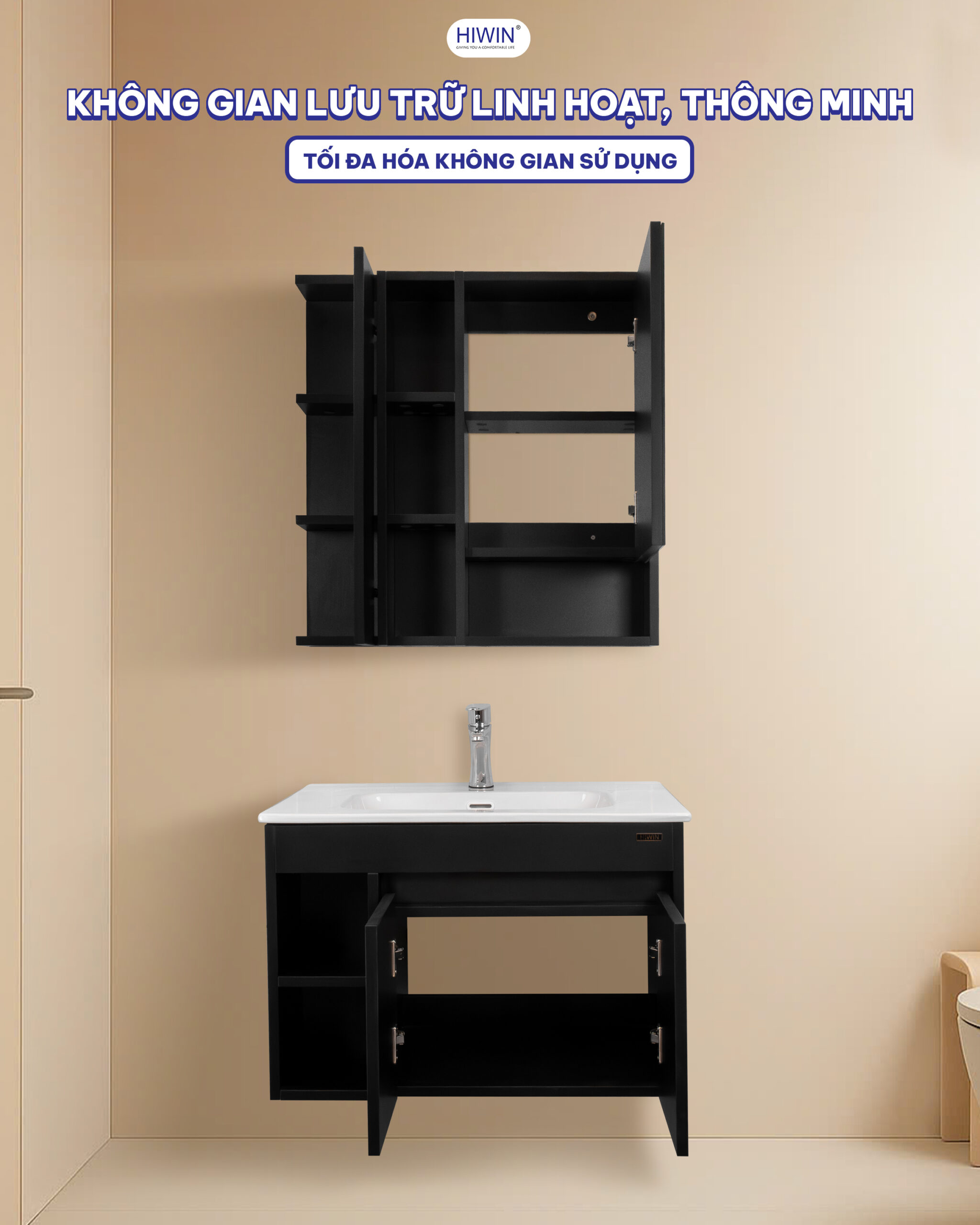 Cả tủ gương và tủ chậu đều được thiết kế có không gian lưu trữ