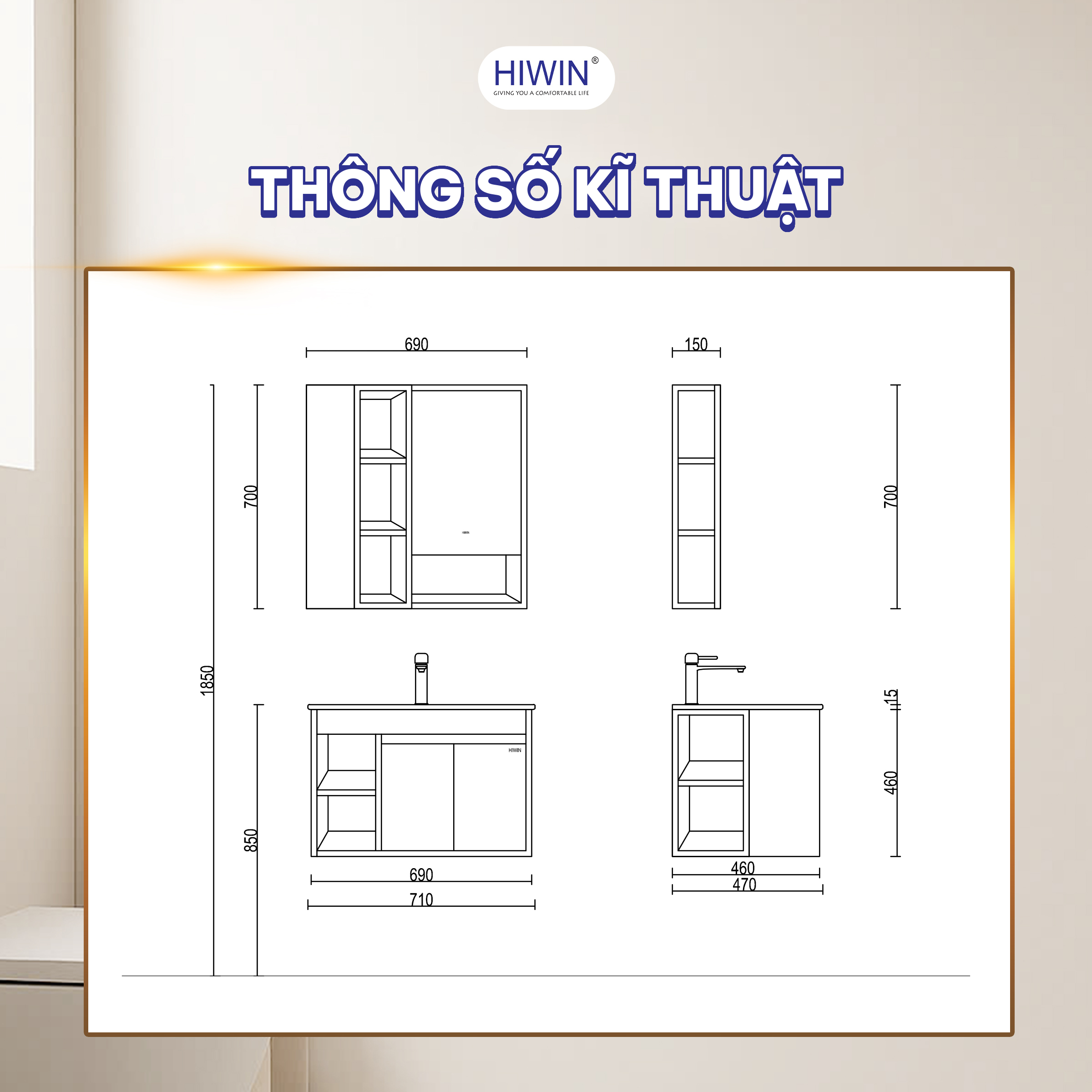 Kích thước bộ tủ chậu lavabo Hiwin YS-2624 hoàn hảo cho đa dạng không gian