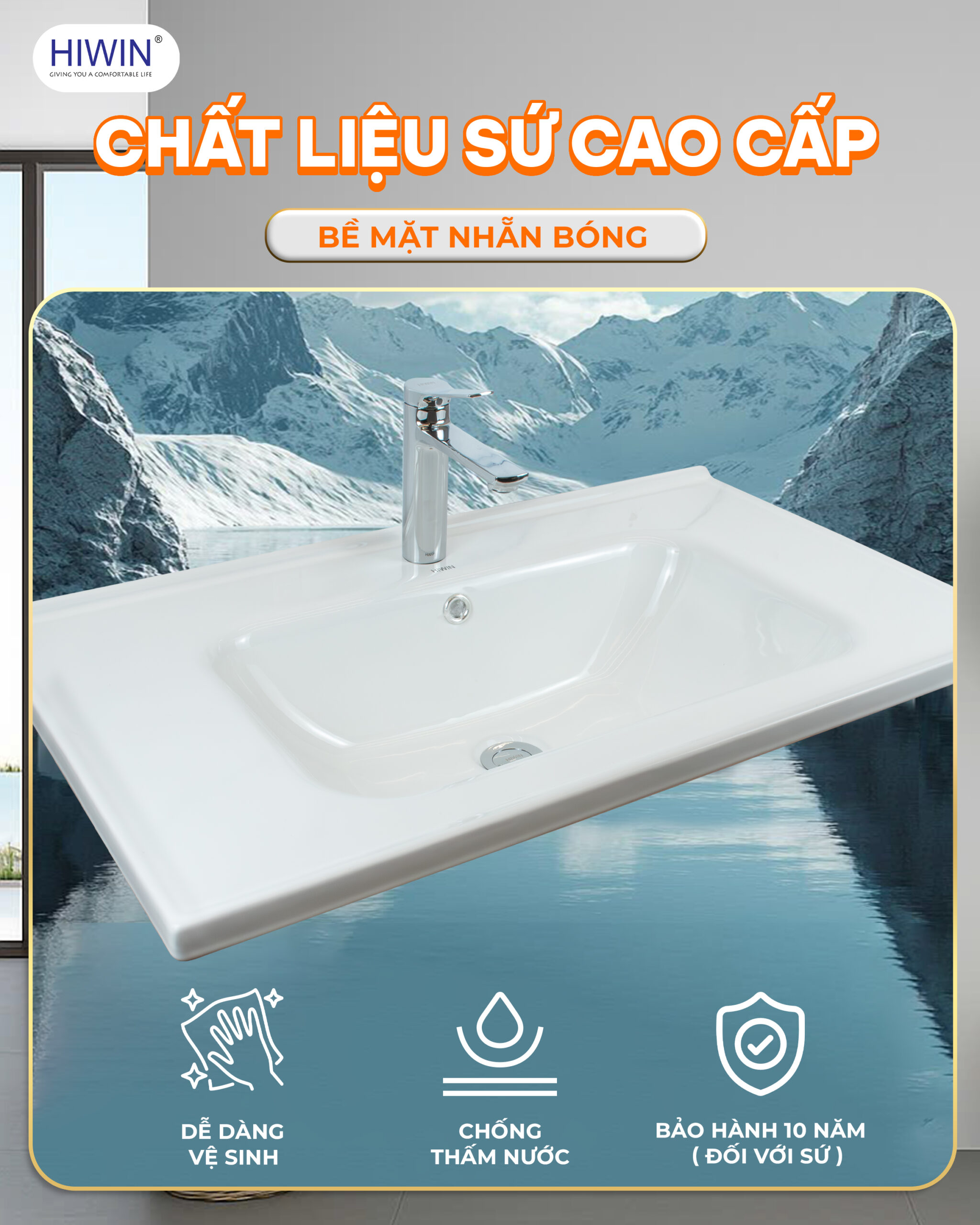 Chậu Lavabo sứ liền khối Hiwin sáng bóng, dễ vệ sinh