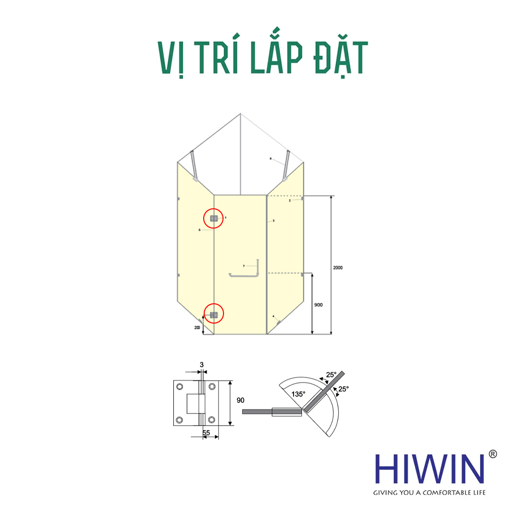 Bản lề 135 cân HG-010 phù hợp lắp đặt cho cabin tắm kính có kết cấu góc vát 135 độ
