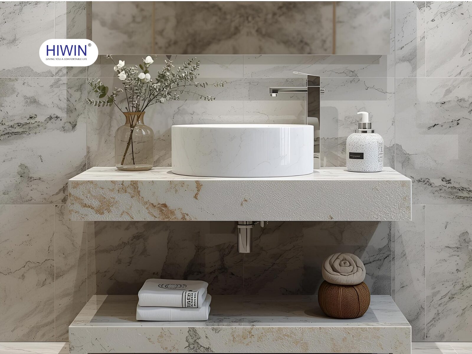 Bàn đá kết hợp chậu lavabo dương bàn tạo cảm giác sang trọng