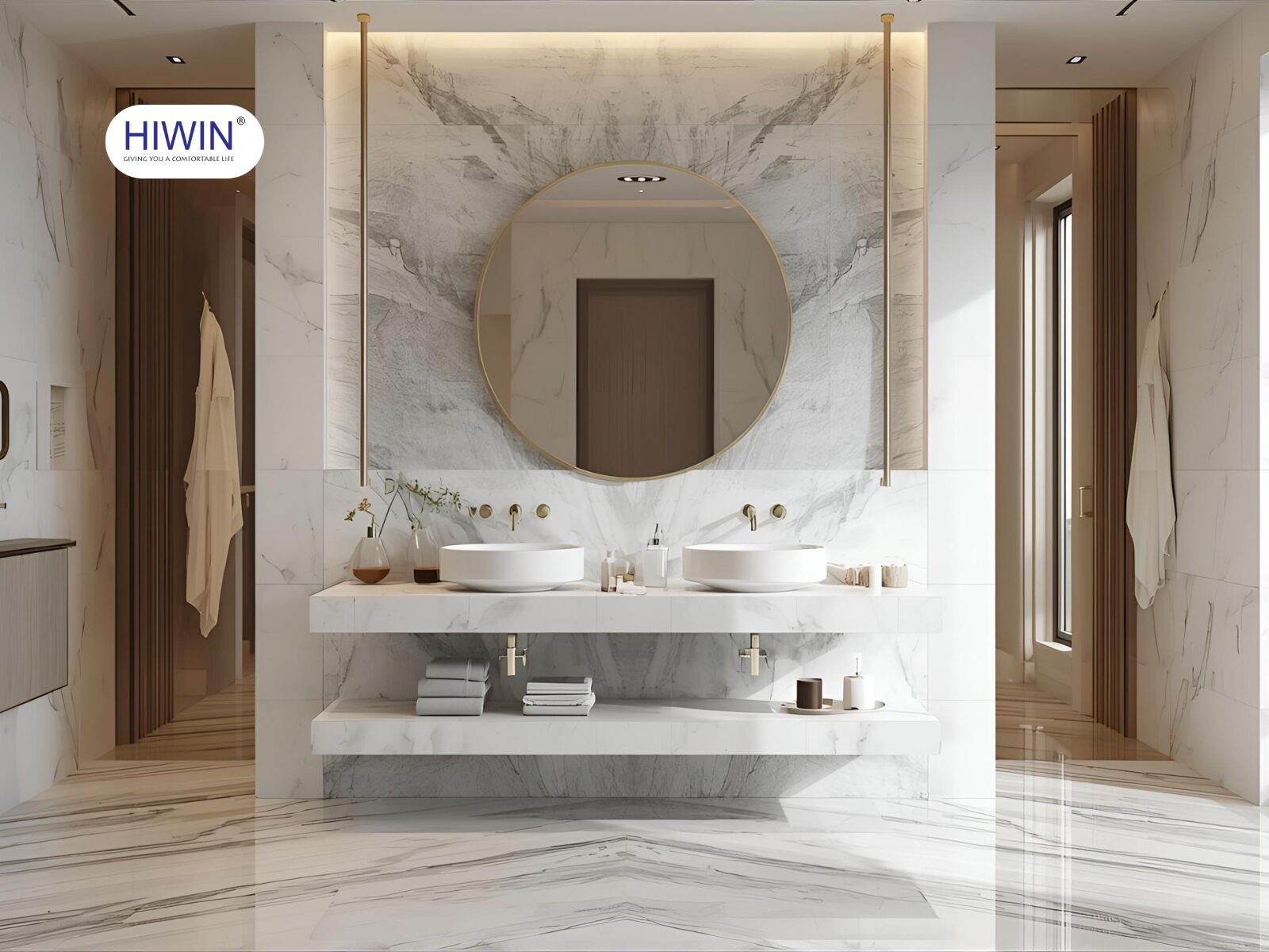 Dễ dàng sắp xếp đồ vật với bàn đá lavabo 2 tầng