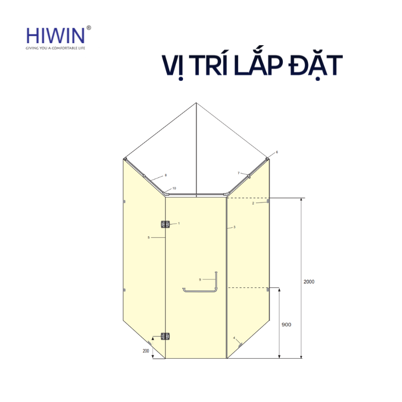 Vị trí lắp đặt bản lề Hiwin HG-006 lệch cho vách tắm kính