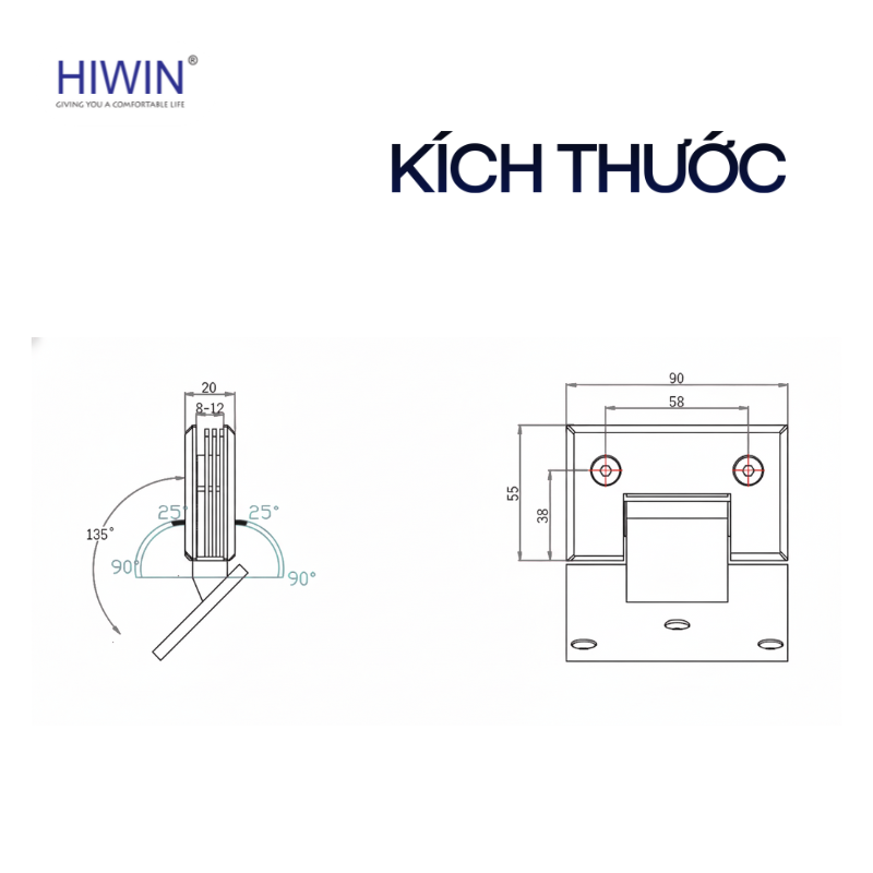 Kích thước bản lề kính tường HG-006A 135 độ tiêu chuẩn