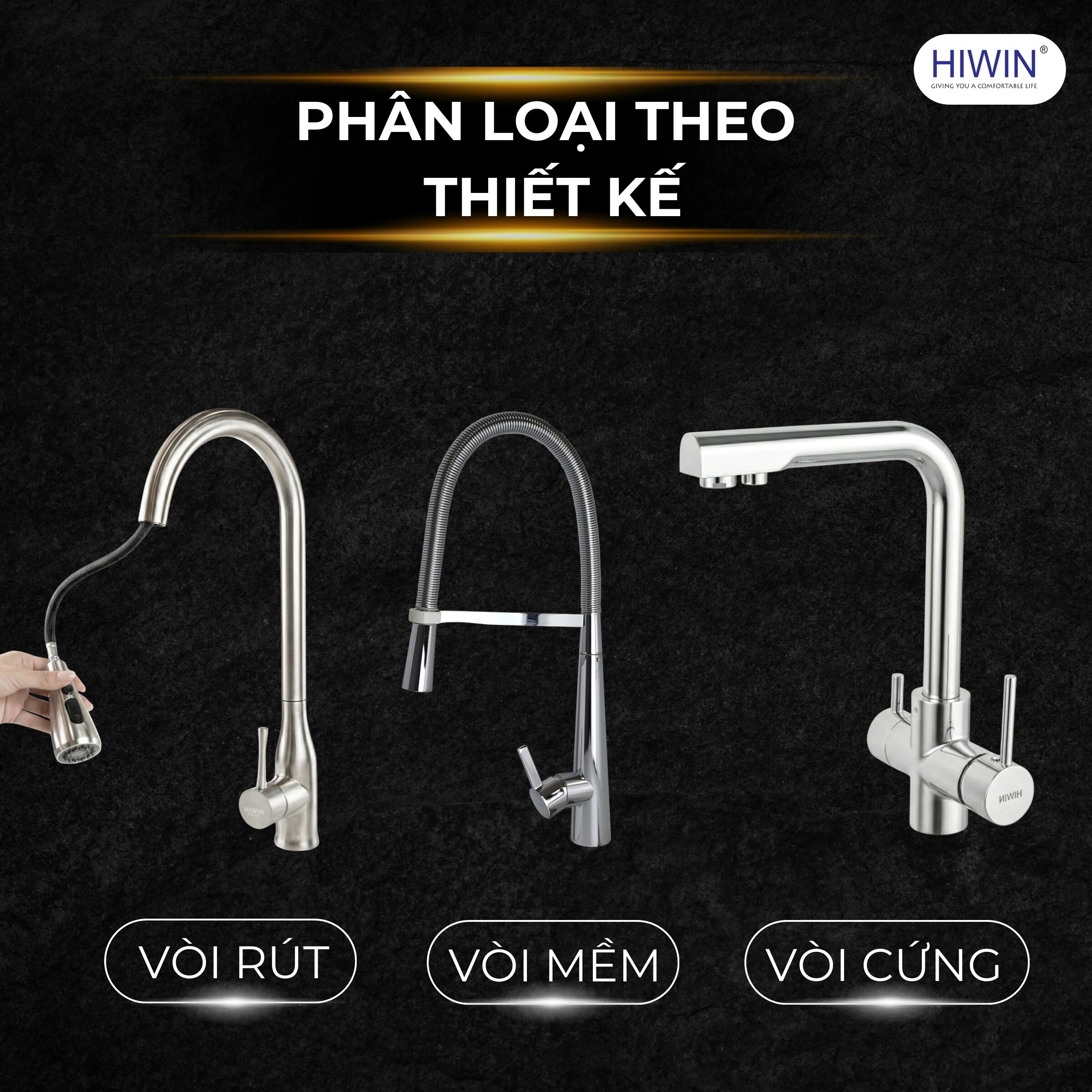 Các mẫu vòi rửa bát phân loại theo thiết kế cần cứng, cần mềm và dây rút