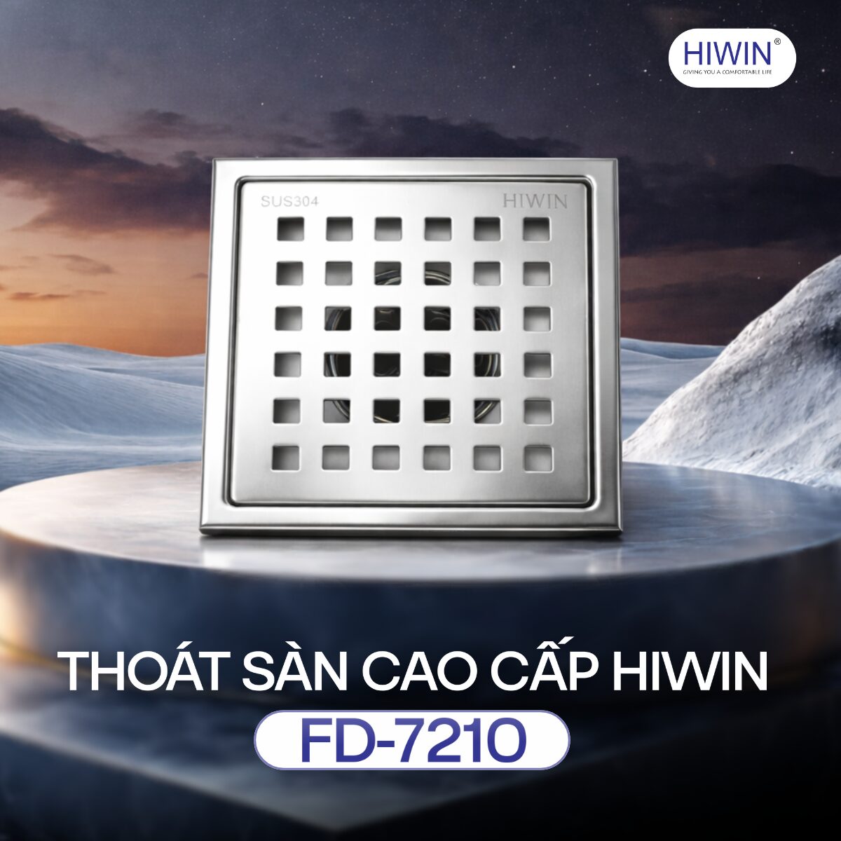 Phiễu thu sàn FD-7210 110x110 inox 304 mờ thiết kế vuông hiện đại cho nhà vệ sinh