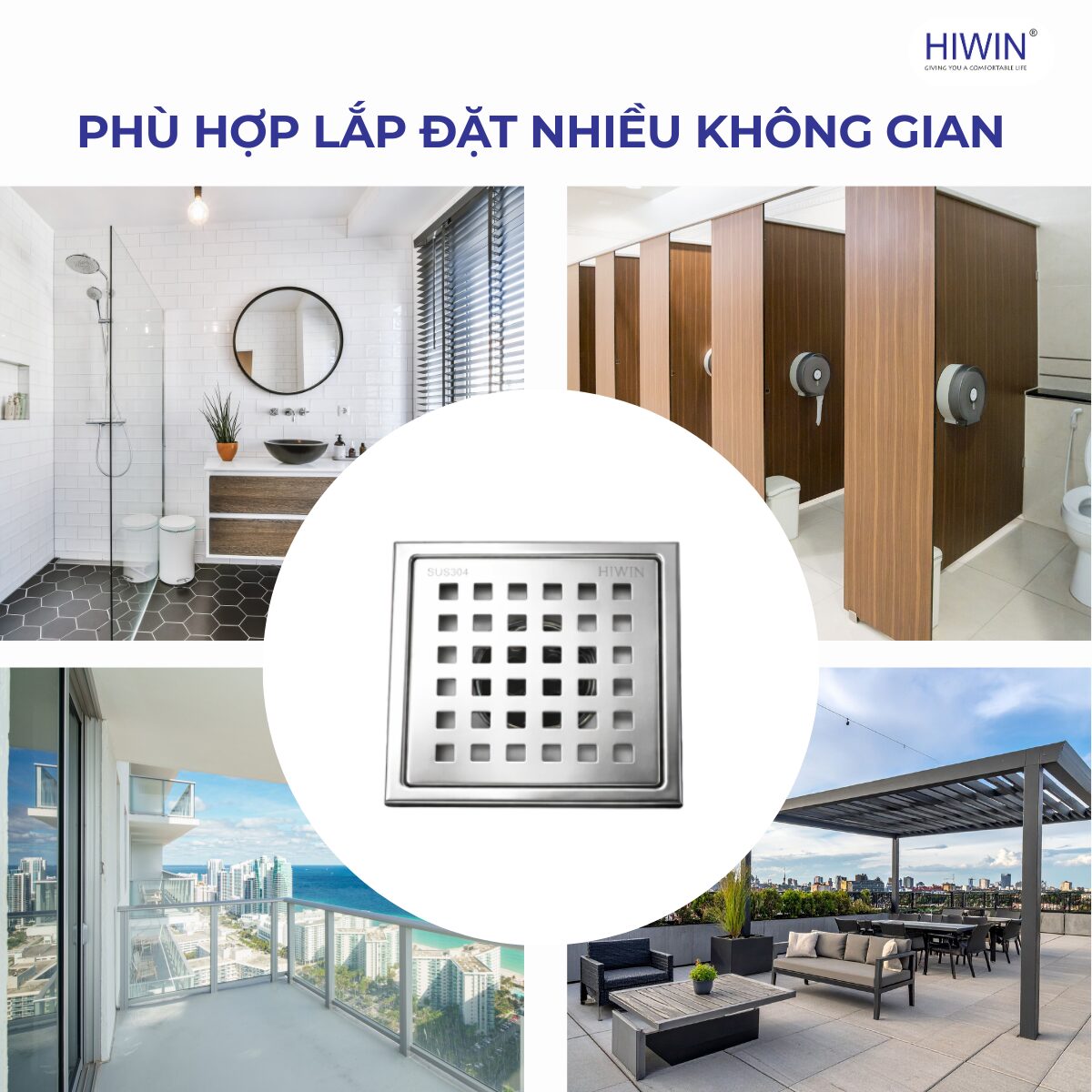 Thoát sàn FD-7210 inox 304 mờ phù hợp lắp đặt cho nhà vệ sinh và phòng tắm