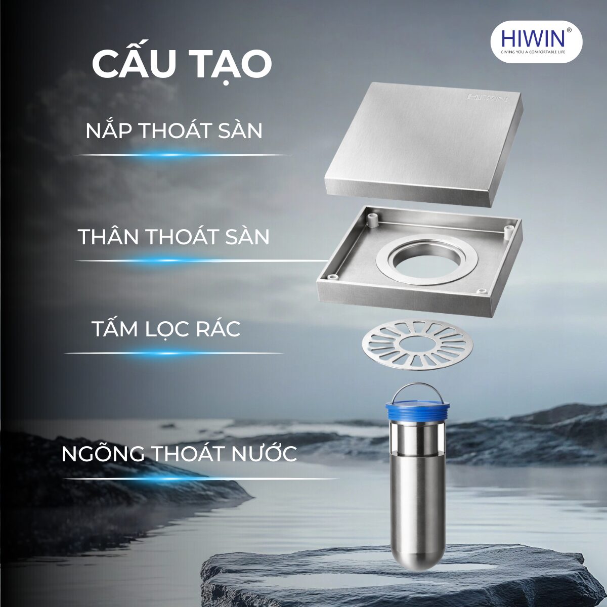 Cấu tạo 4 phần thoát sàn FD-T116S gồm nắp, thân, tấm lọc rác và ngõng inox dài