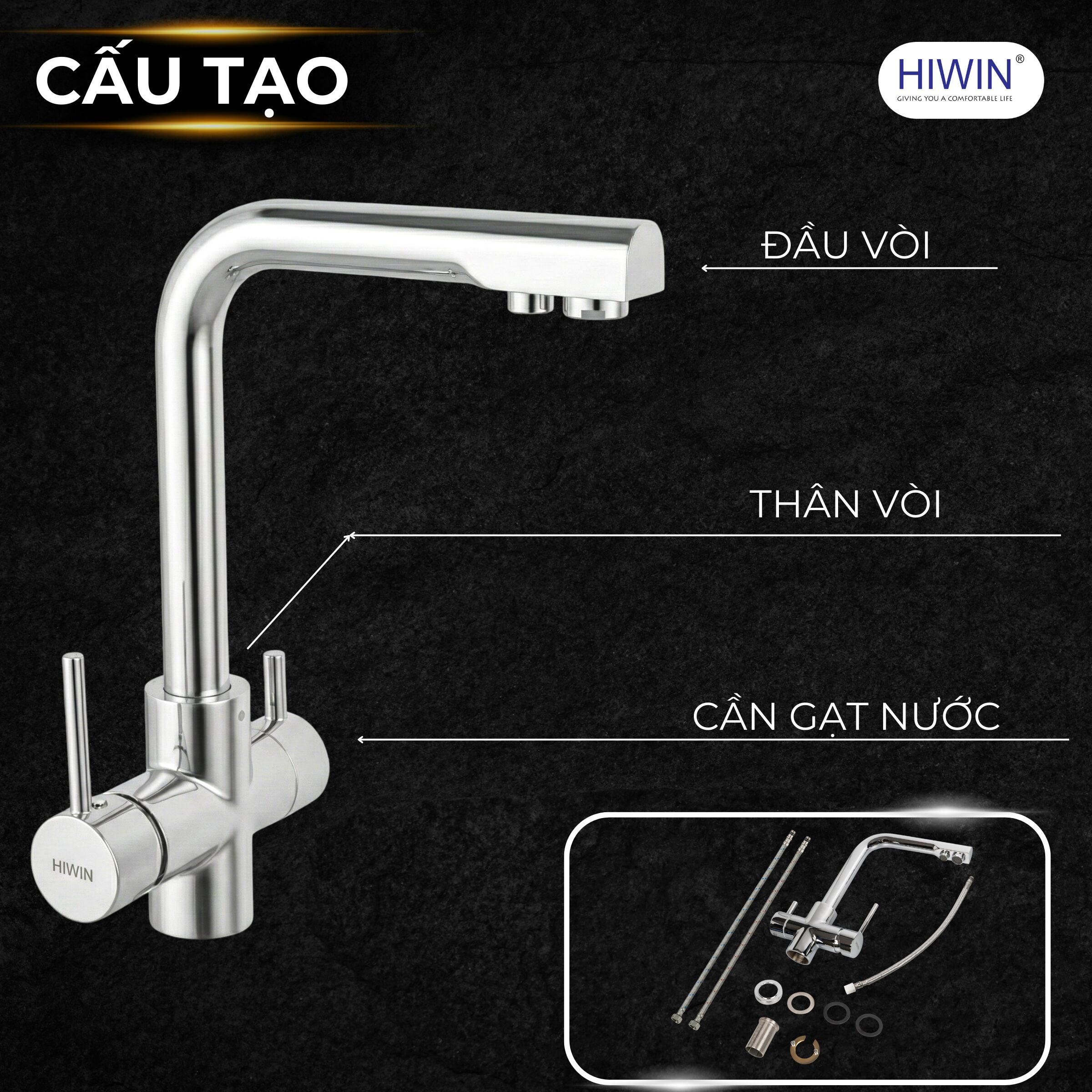 Cấu tạo vòi chậu rửa bát gồm đầu vòi, thân vòi, cần gạt và lõi van