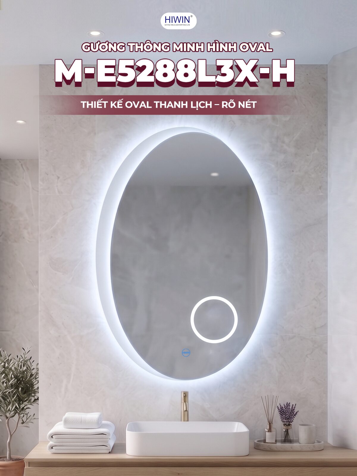 Gương thông minh hình oval M-E5288L3X-H thiết kế bo cong thanh lịch cho phòng tắm hiện đại