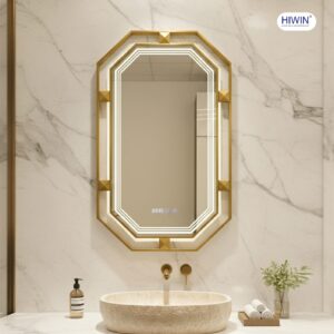 Gương thông minh hình bát giác M-O4887LDWT-P khung inox 304 vàng xước