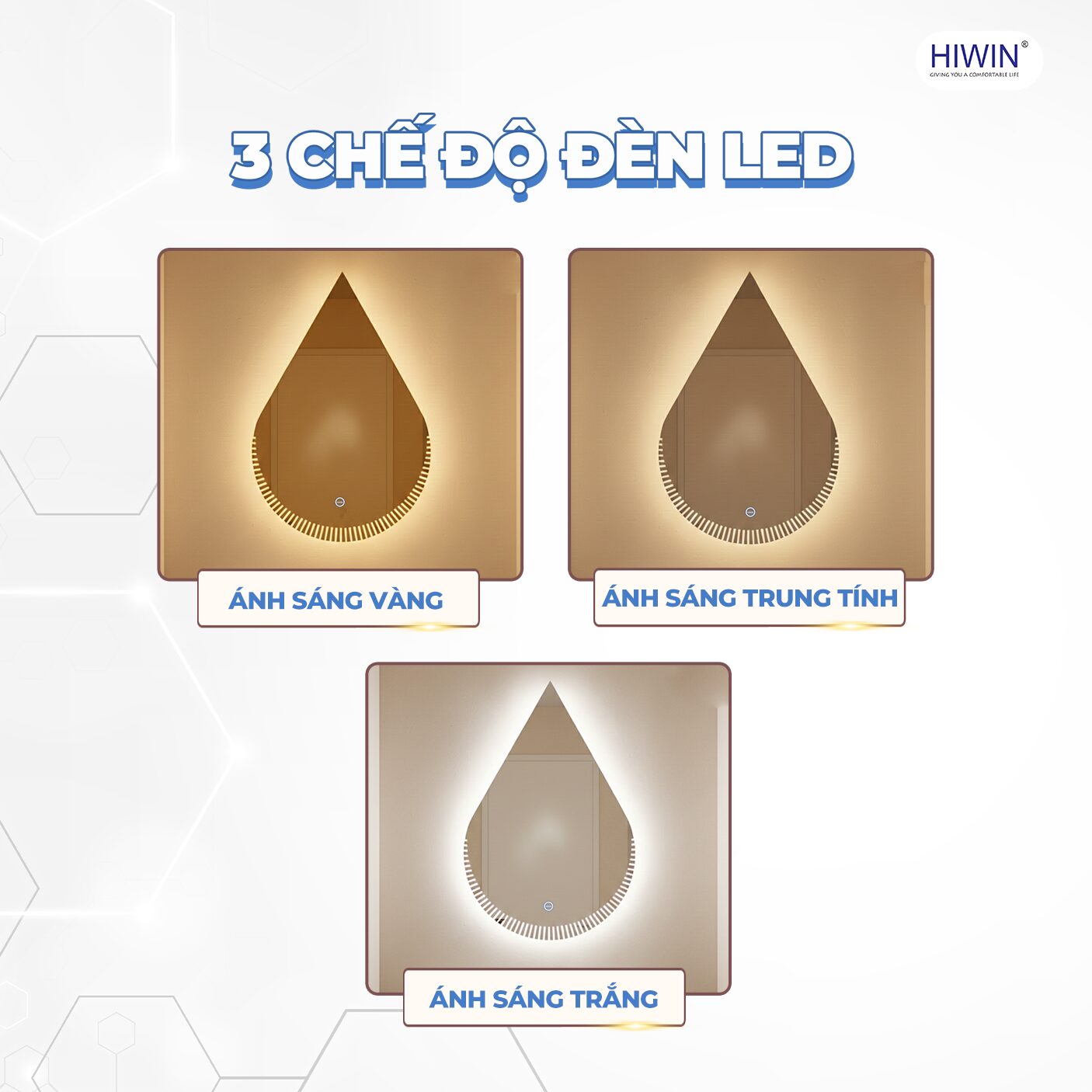 Gương thông minh hình giọt nước tích hợp 3 chế độ đèn LED trắng trung tính vàng ấm