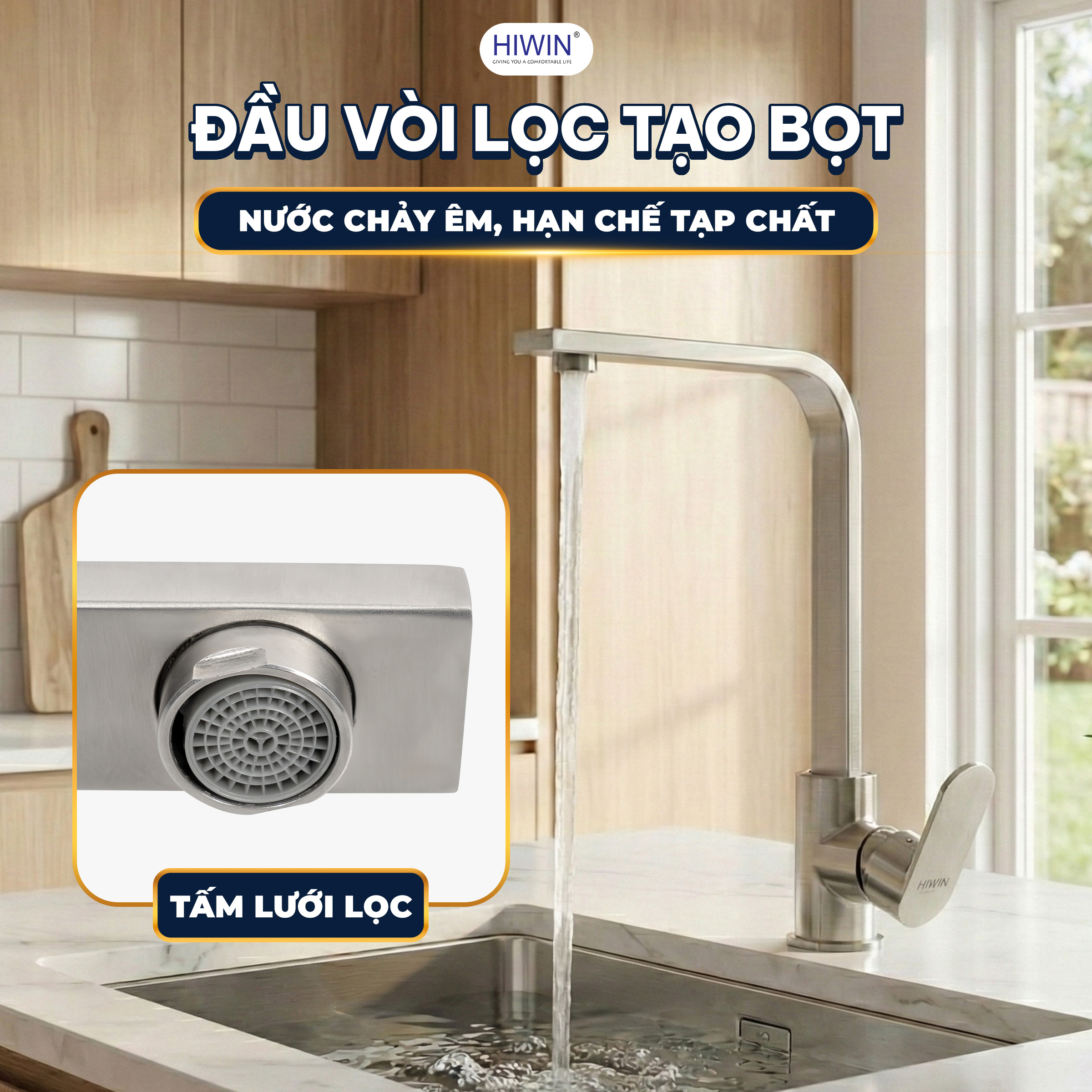 Đầu vòi có lưới tạo bọt khí, lọc sạch tạp chất, yên tâm sử dụng