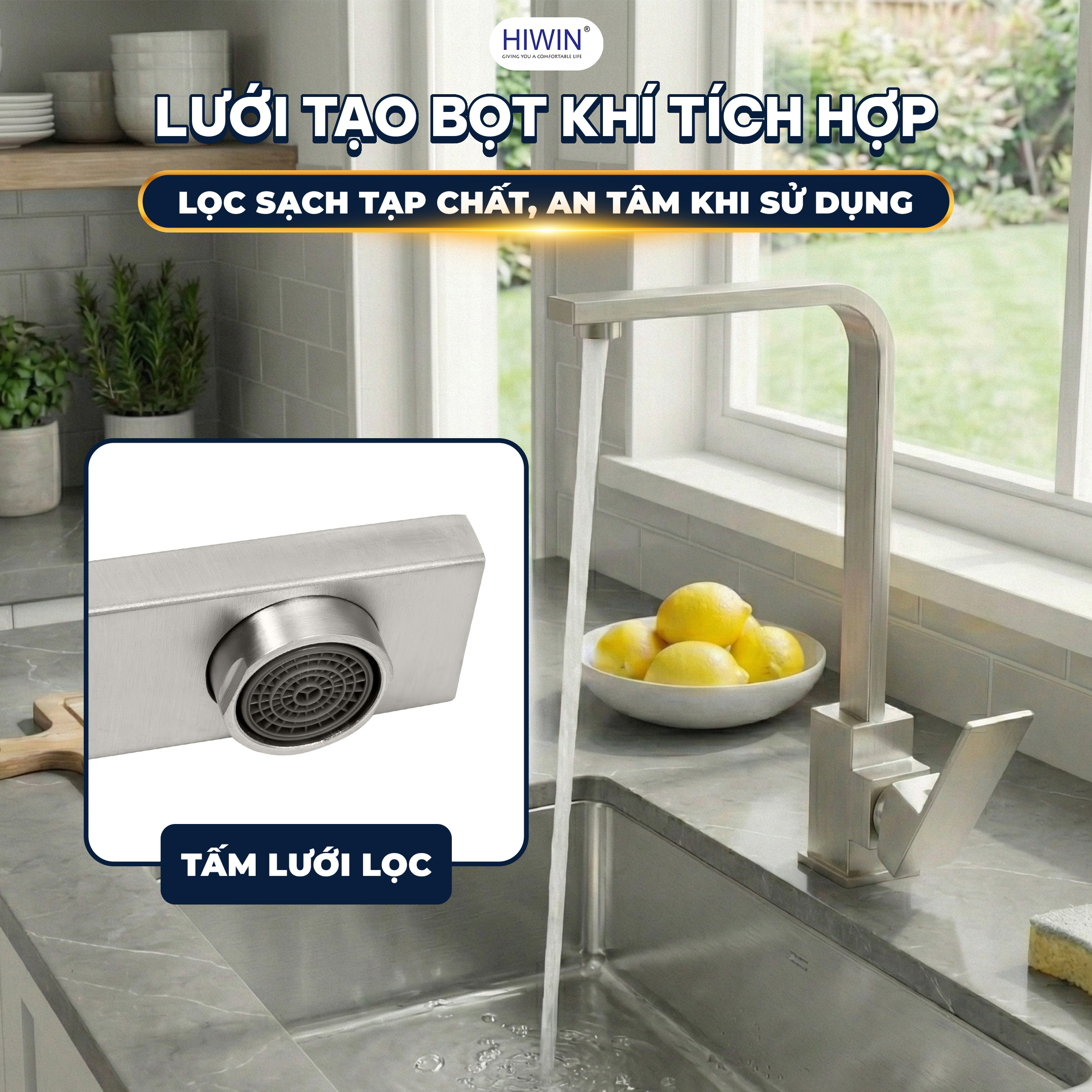 Đầu vòi tích hợp lưới tạo bọt khí lọc tạp chất