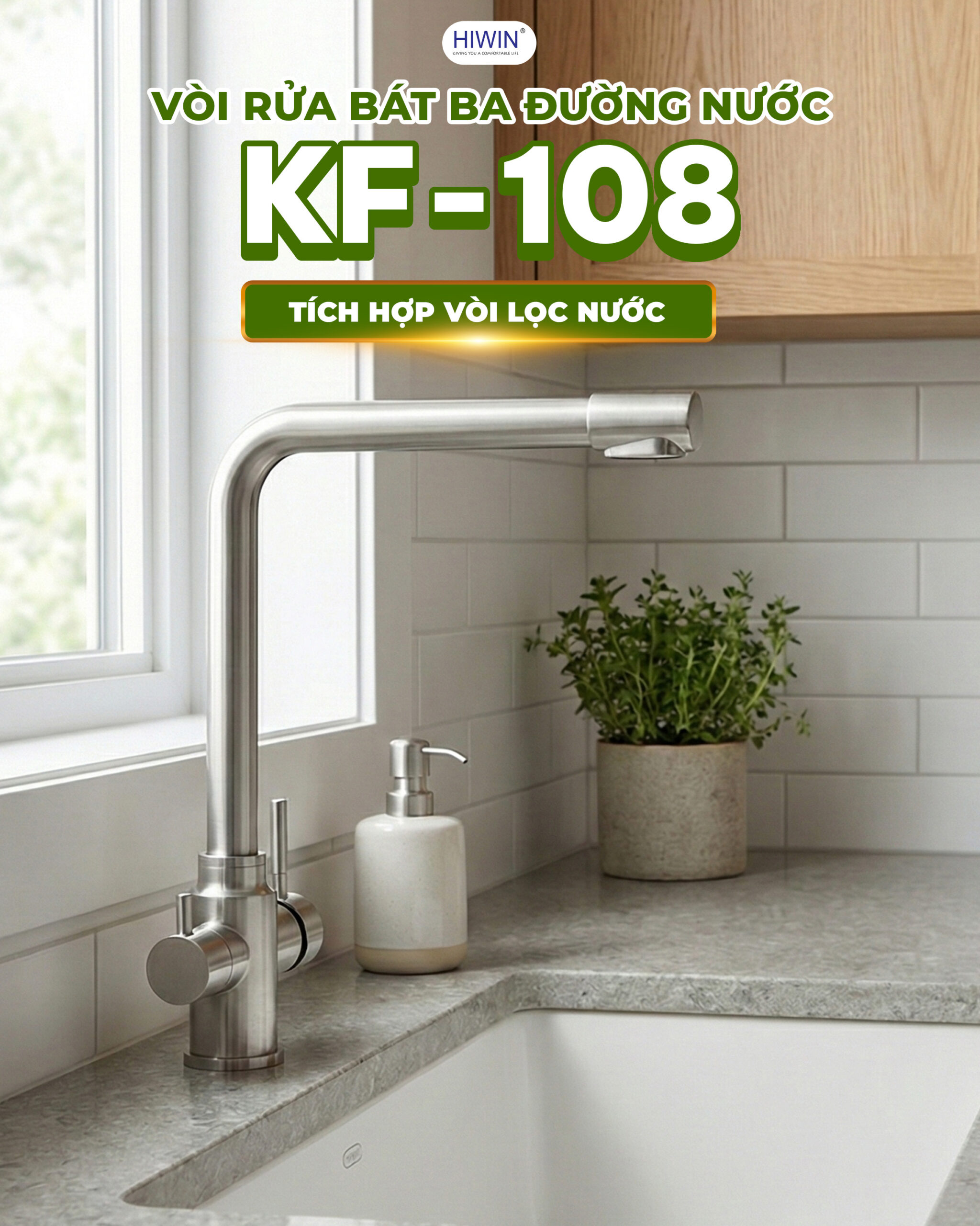 Vòi rửa bát 3 đường nước Hiwin KF-108 gọn nhẹ, tối ưu không gian bếp