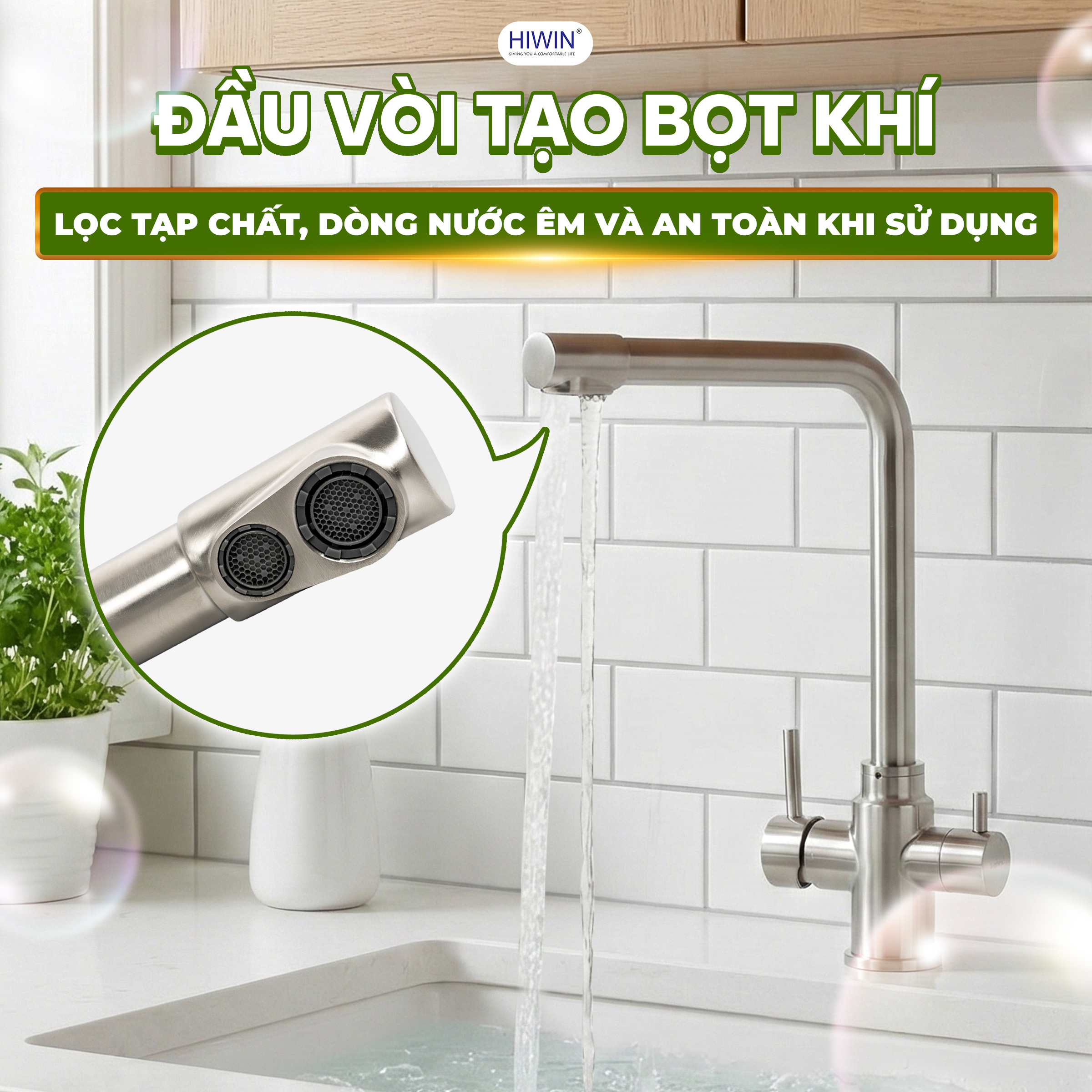 Đầu vòi tích hợp lưới tạo bọt khí và lọc tạp chất
