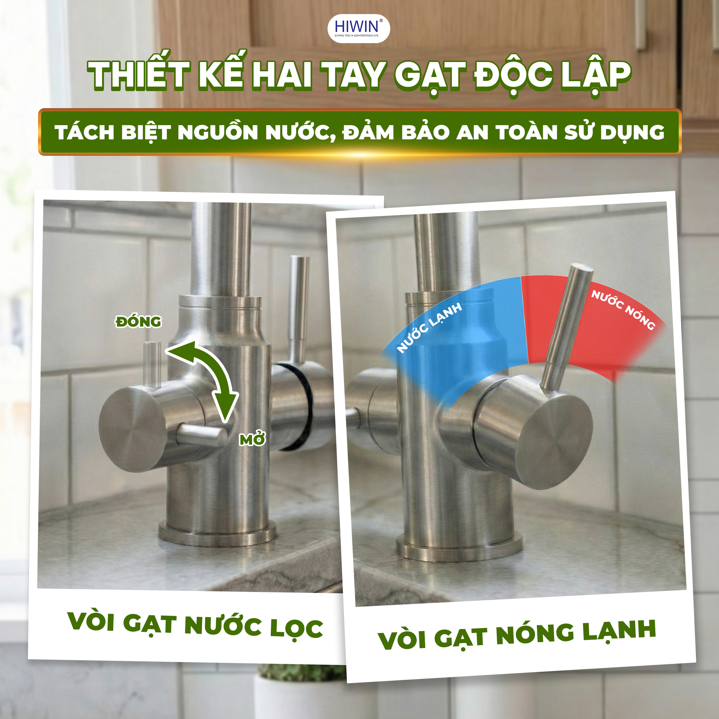Thiết kế 2 tay gạt riêng biệt cho vòi rửa bát 3 đường nước