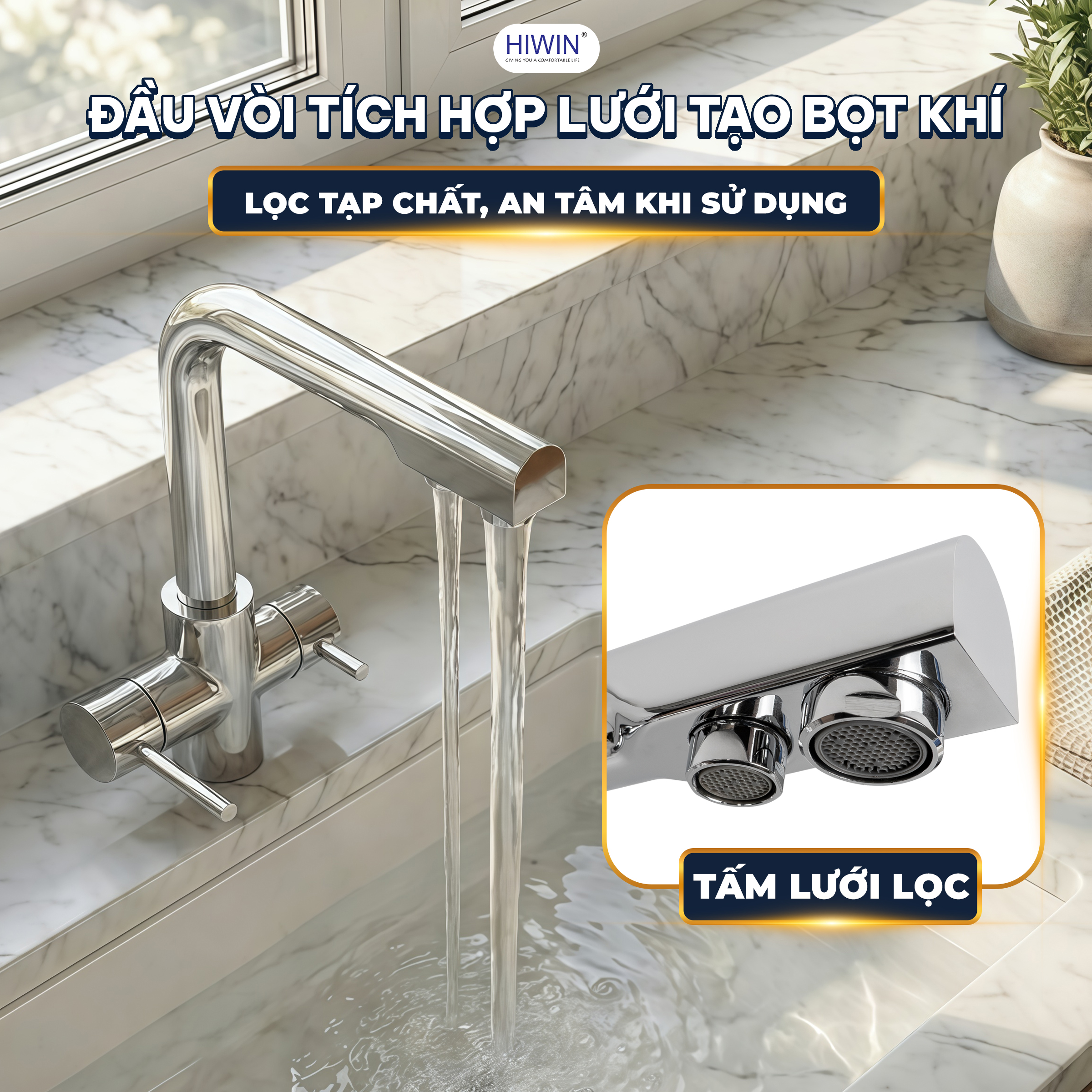 Đầu vòi có lưới tạo bọt khí, lọc sạch tạp chất, yên tâm sử dụng