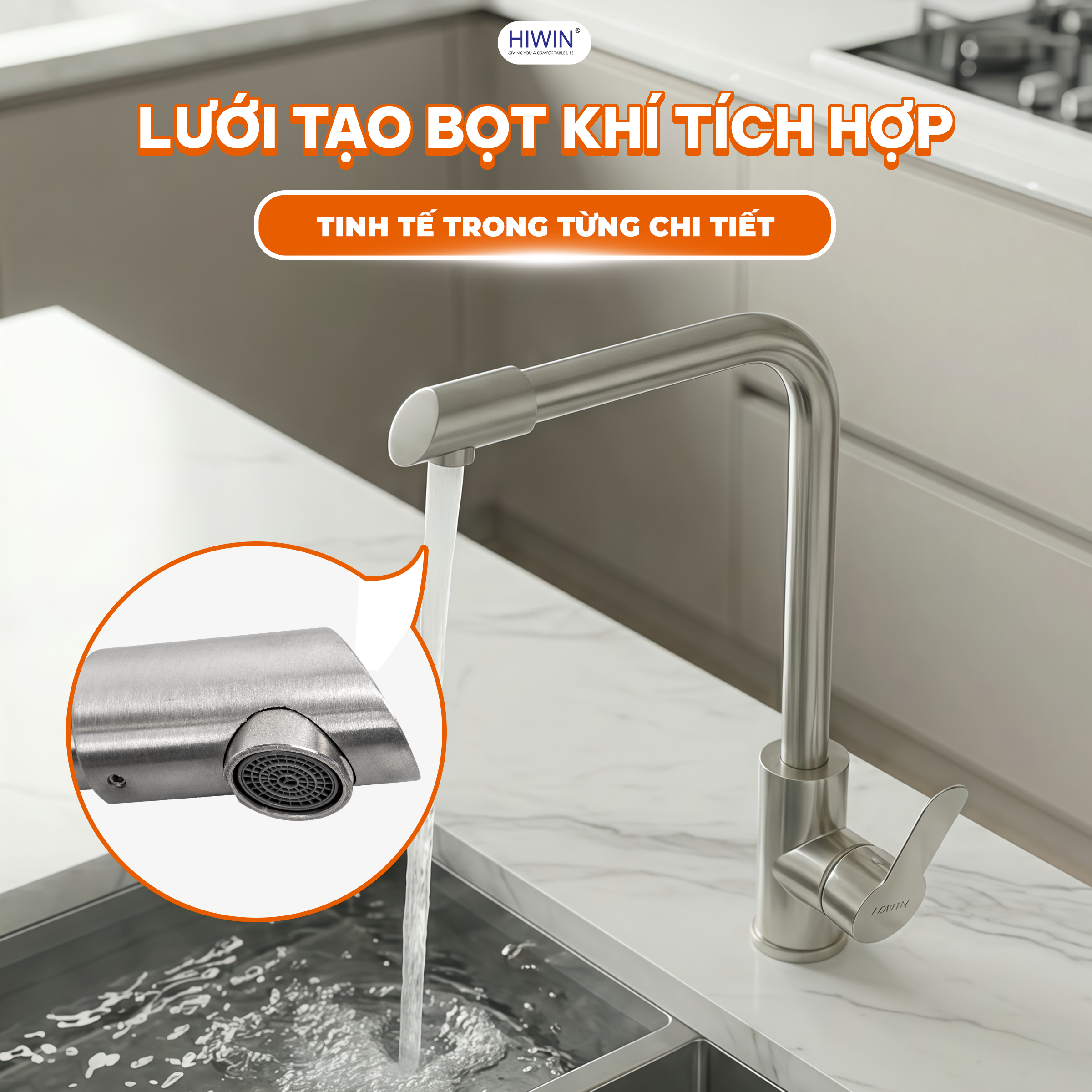 Đầu vòi có lưới tạo bọt khí, nước chảy êm, tiết kiệm