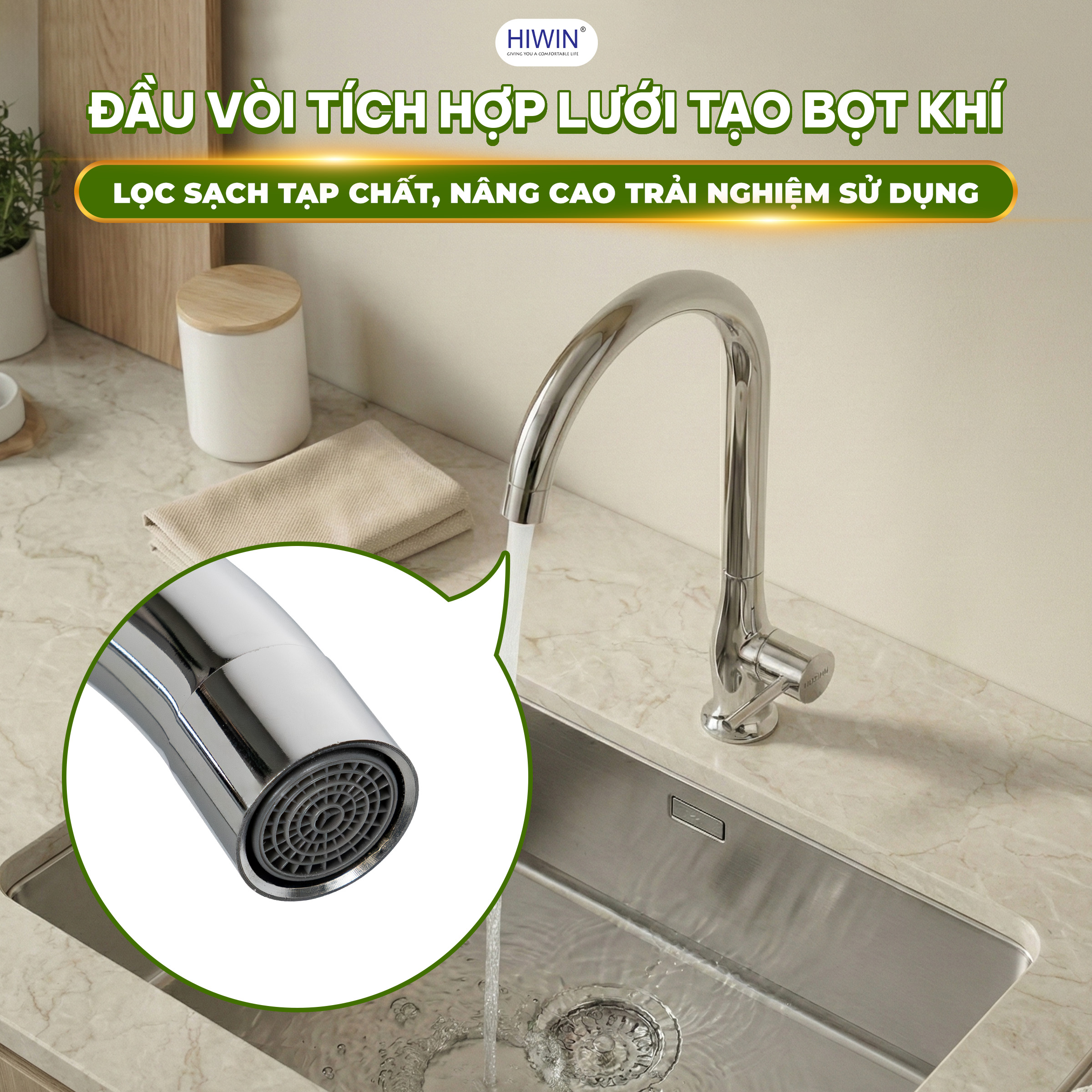 Đầu vòi có lưới tạo bọt khí, lọc sạch tạp chất, yên tâm sử dụng 