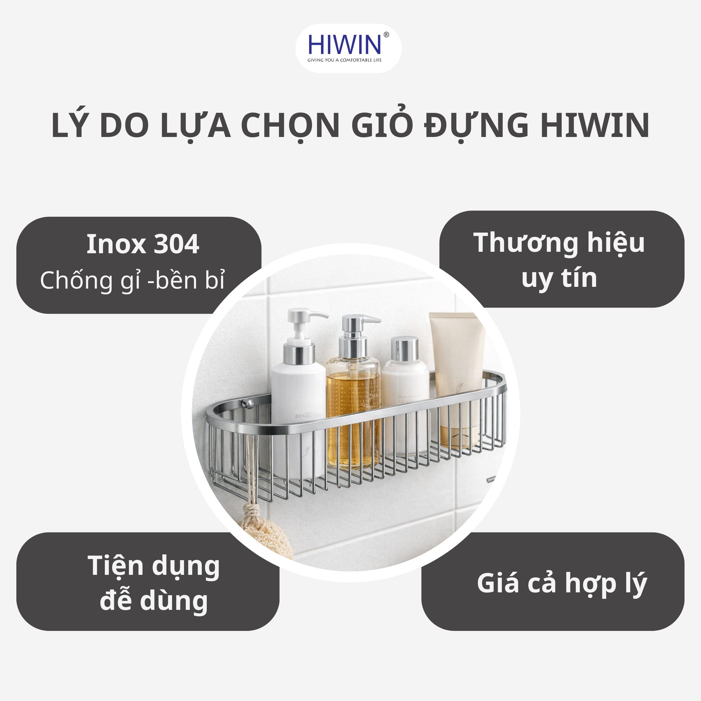Giỏ đựng phòng tắm Hiwin chất liệu inox 304 bền đẹp phù hợp nhiều không gian