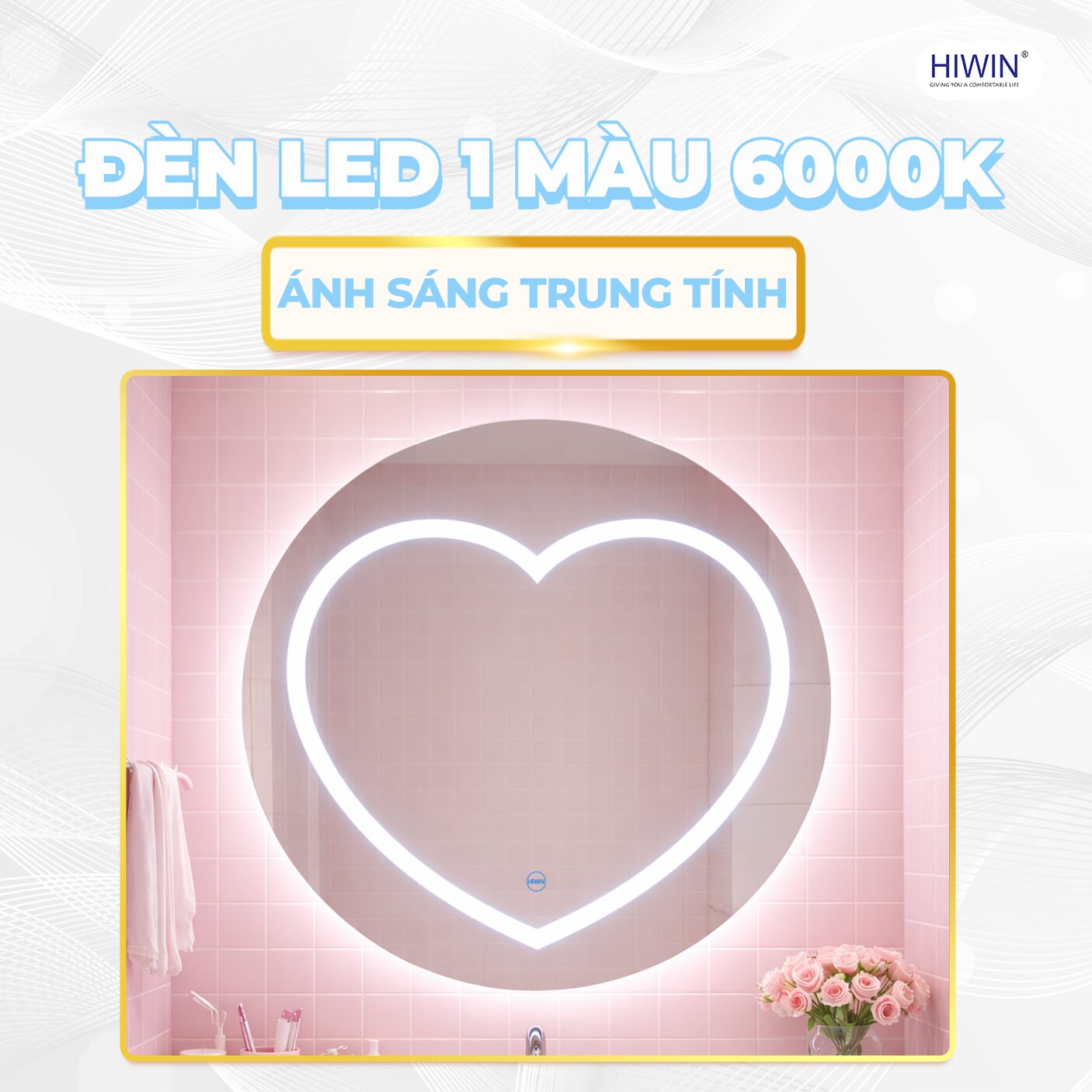 Hệ thống đèn LED 6000K mang đến ánh sáng trắng rõ ràng, hỗ trợ soi gương và chăm sóc cá nhân