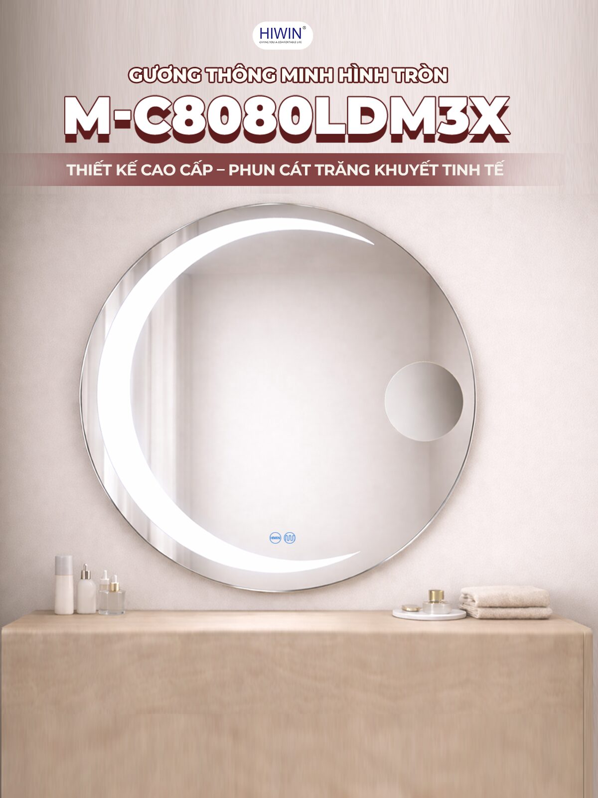 Thiết kế gương tròn treo tường thanh lịch giúp không gian phòng tắm trở nên hài hòa và hiện đại