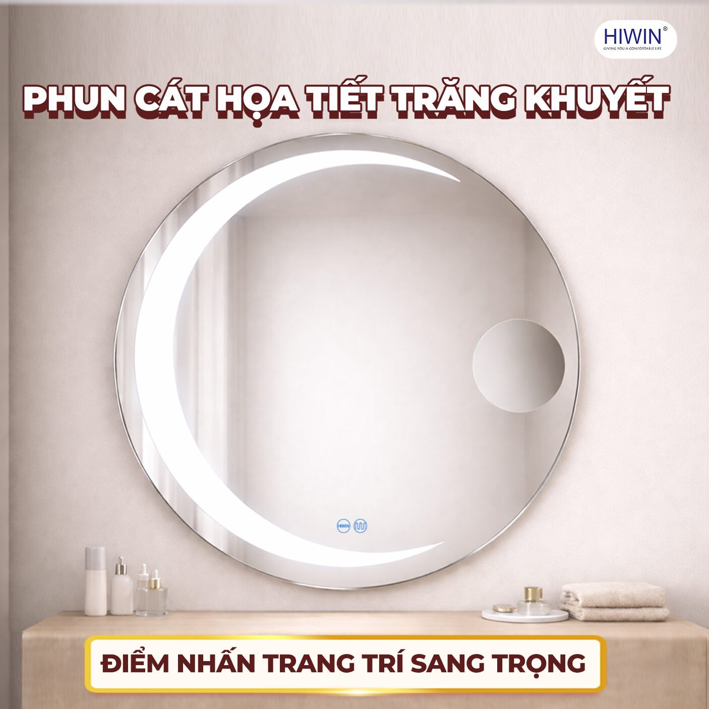 Họa tiết phun cát trăng khuyết kết hợp ánh sáng LED tạo hiệu ứng trang trí tinh tế cho gương tròn treo tường