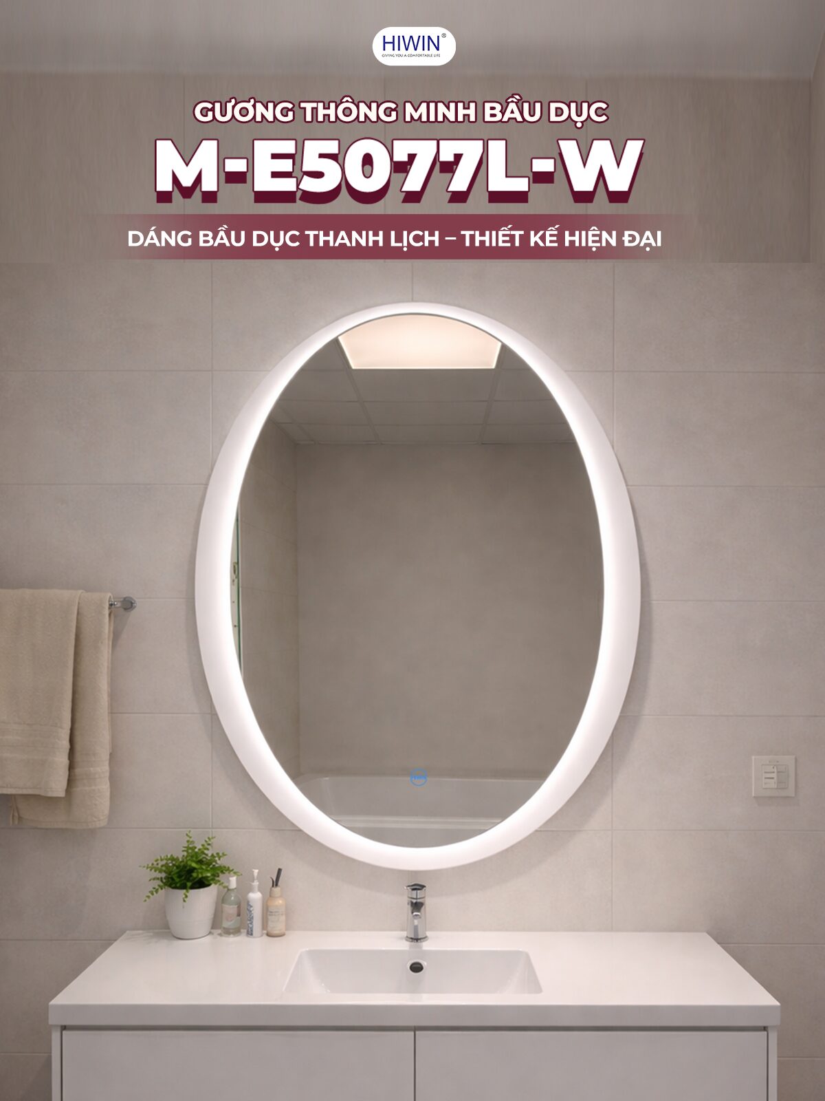 Gương hình bầu dục M-E5077L-W đèn LED cảm ứng Hiwin