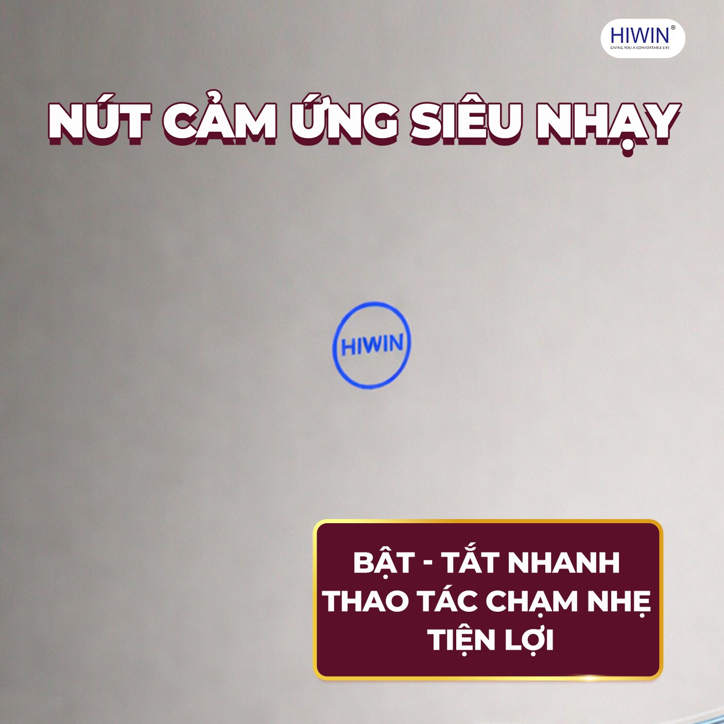 Nút cảm ứng in logo trên gương LED thao tác chạm bật tắt tiện lợi