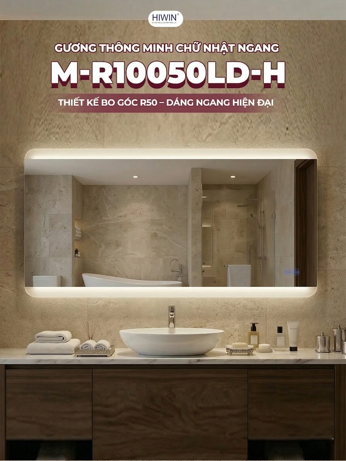 Gương led cảm ứng thông minh M-R10050LD-H phun cát viền độc đáo