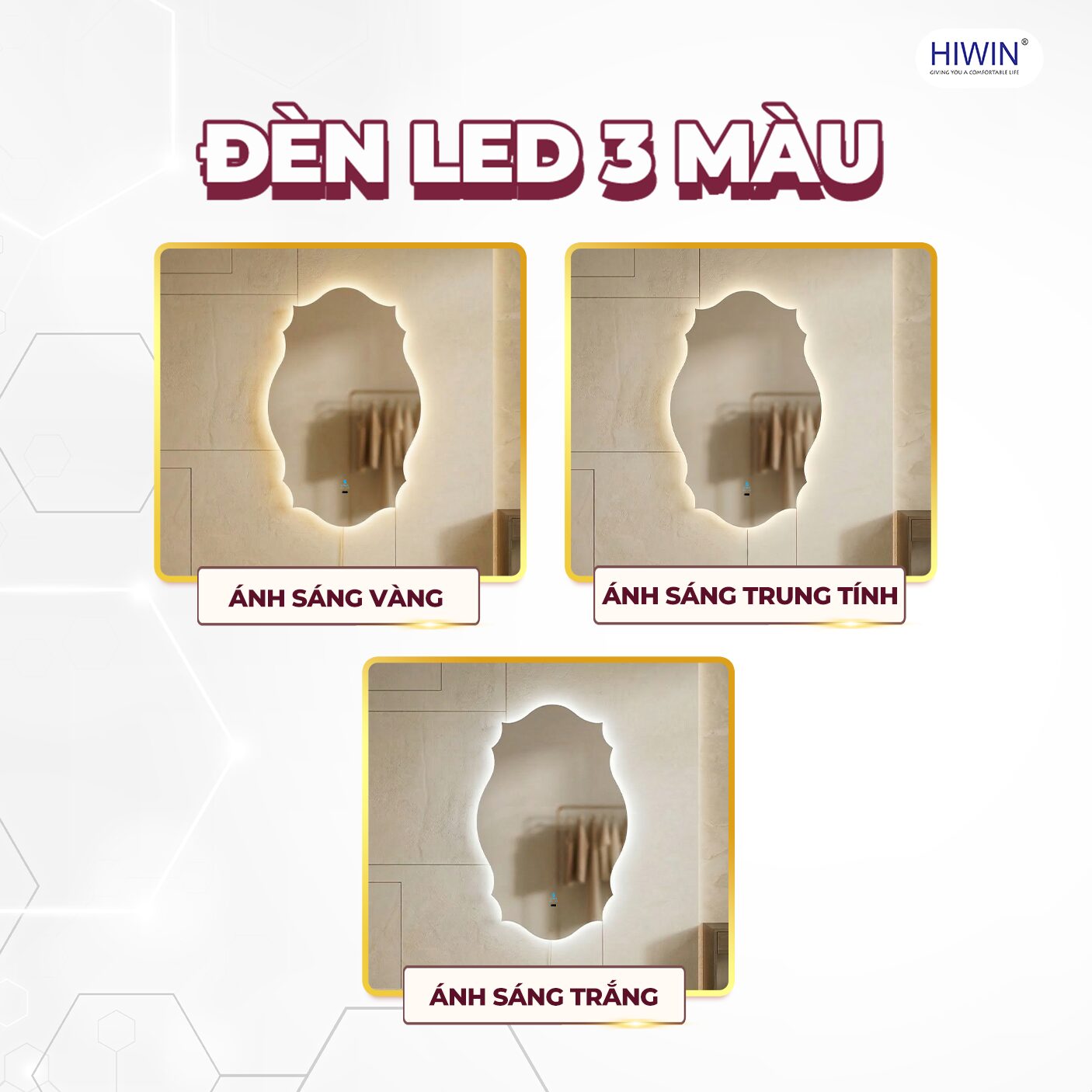 Gương LED 3 màu với ánh sáng trắng vàng và trung tính