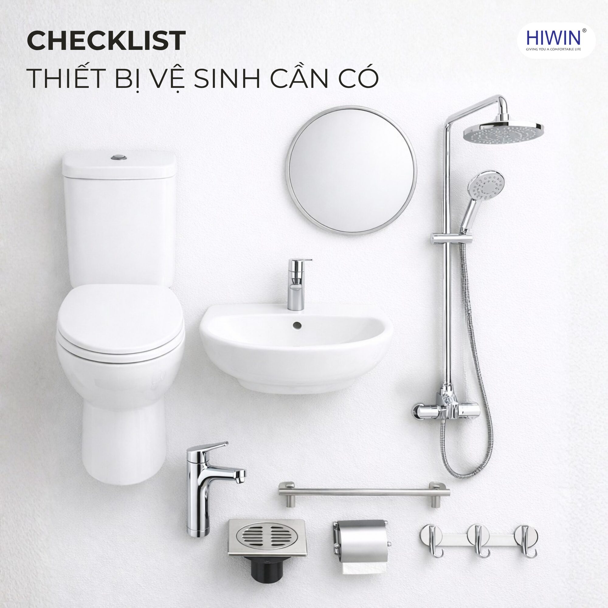 Checklist thiết bị vệ sinh đầy đủ cho phòng tắm gồm bồn cầu, lavabo, vòi sen, gương và phụ kiện