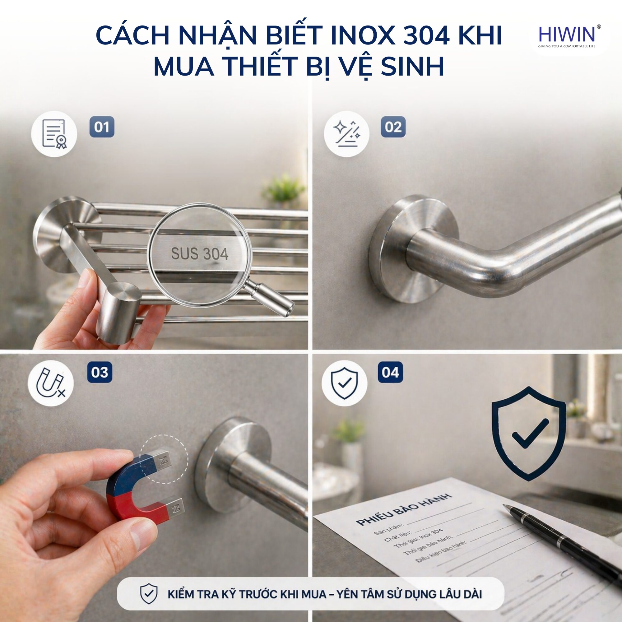 Kiểm tra inox 304 bằng nam châm và quan sát bề mặt để phân biệt với inox kém chất lượng