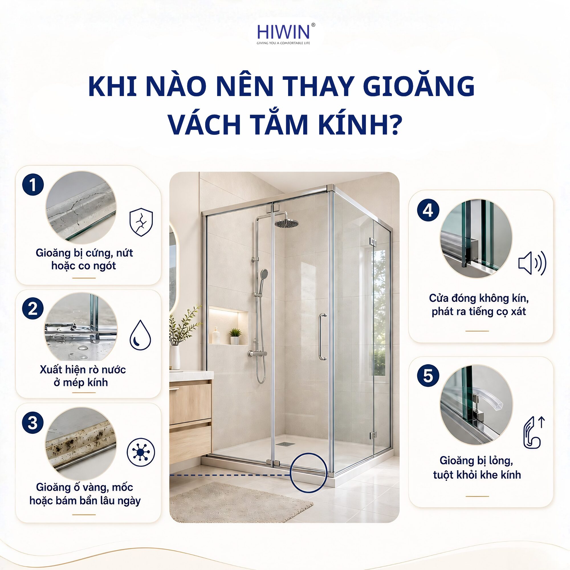 Nên thay gioăng vách tắm kính khi gioăng bị cứng, nứt, ố vàng, bung khỏi mép kính hoặc không còn ôm sát kính