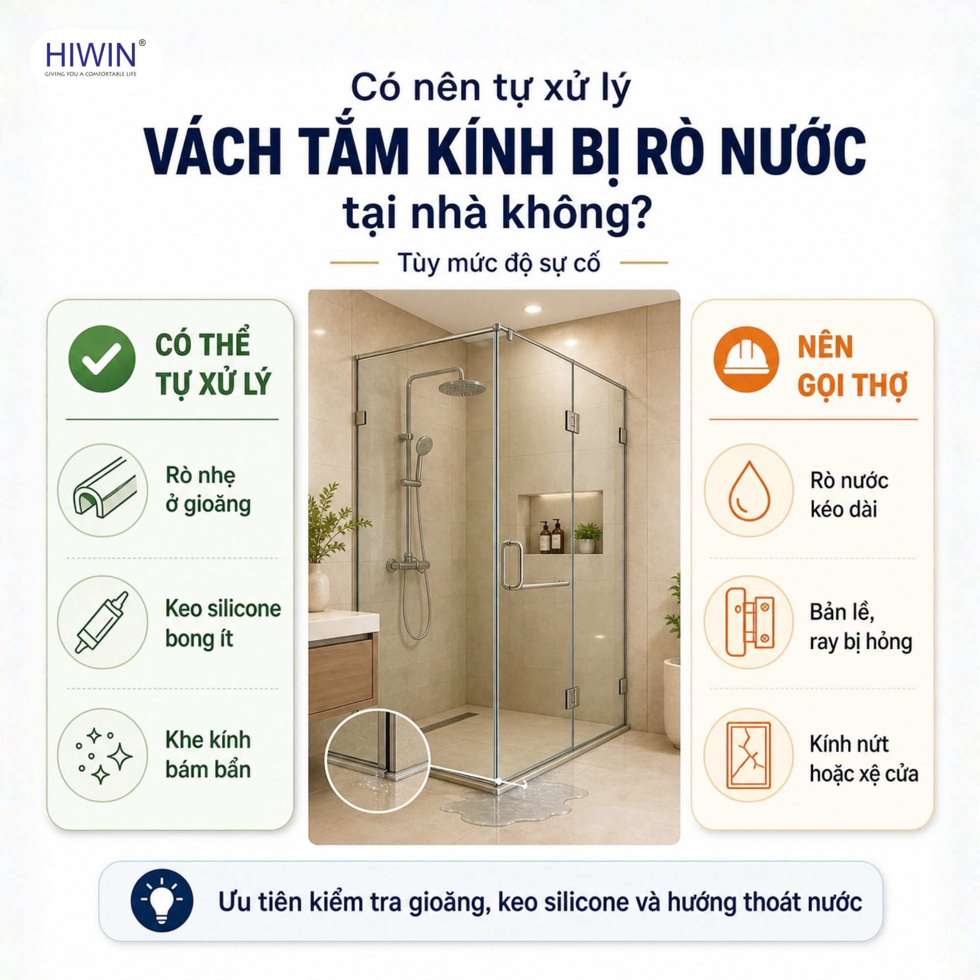 Có thể tự xử lý lỗi rò nước nhẹ ở gioăng hoặc keo silicone, nhưng nên gọi thợ khi cửa kính lệch, bản lề hỏng hoặc kính có dấu hiệu nứt