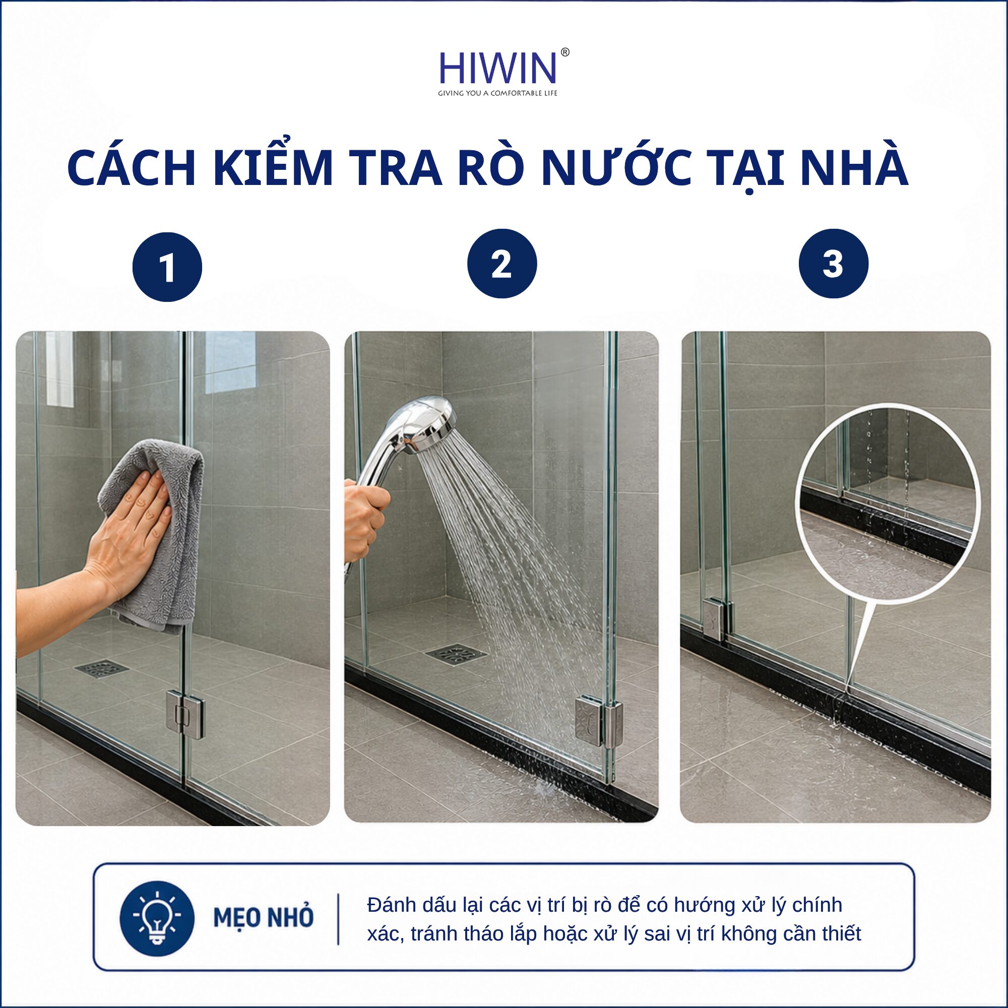 Kiểm tra vị trí rò nước bằng cách lau khô vách kính, xịt nước từng khu vực và quan sát điểm nước chảy ra ngoài