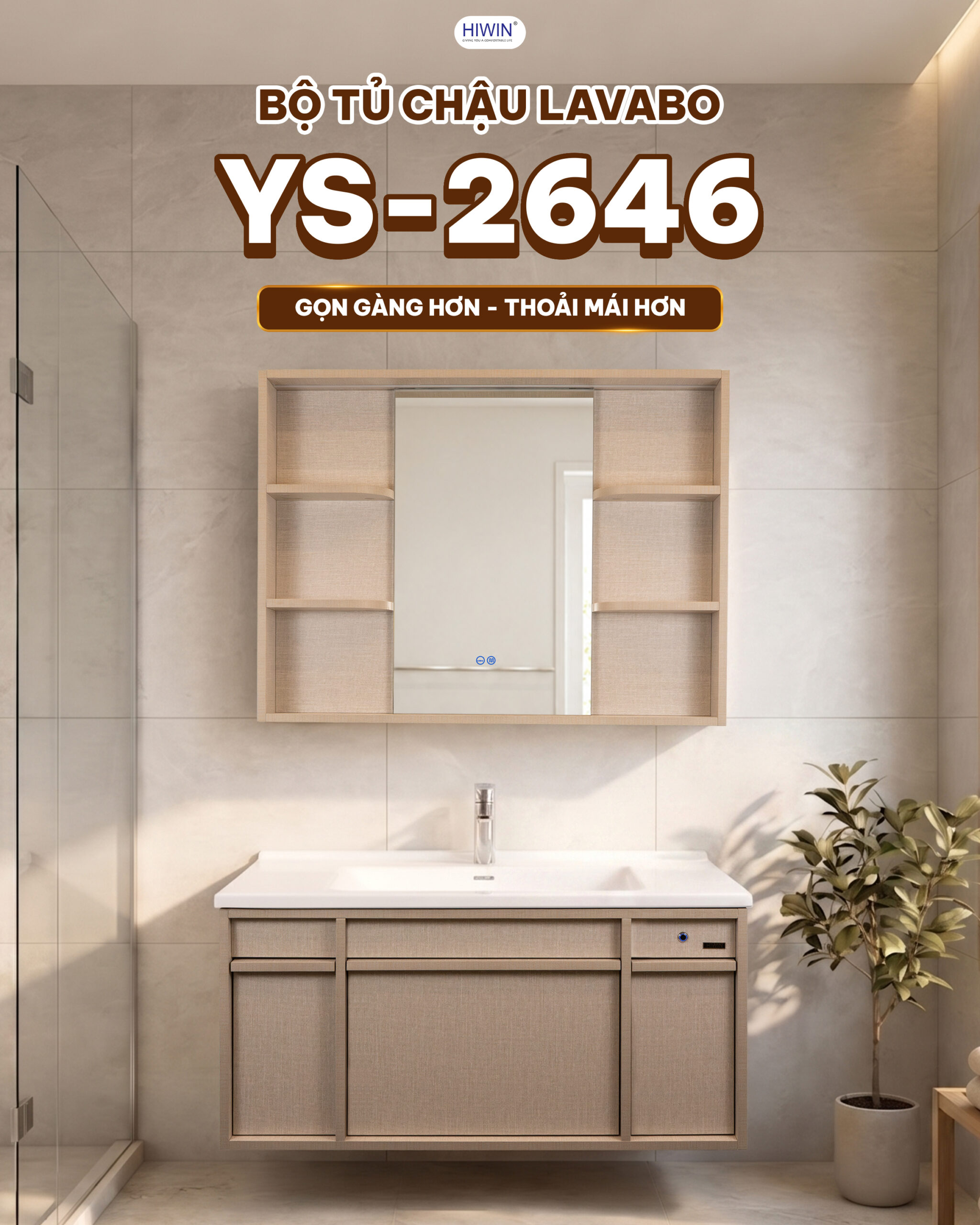 Bộ tủ chậu Hiwin YS-2646 màu vân vải thiết kế hiện đại cho phòng tắm