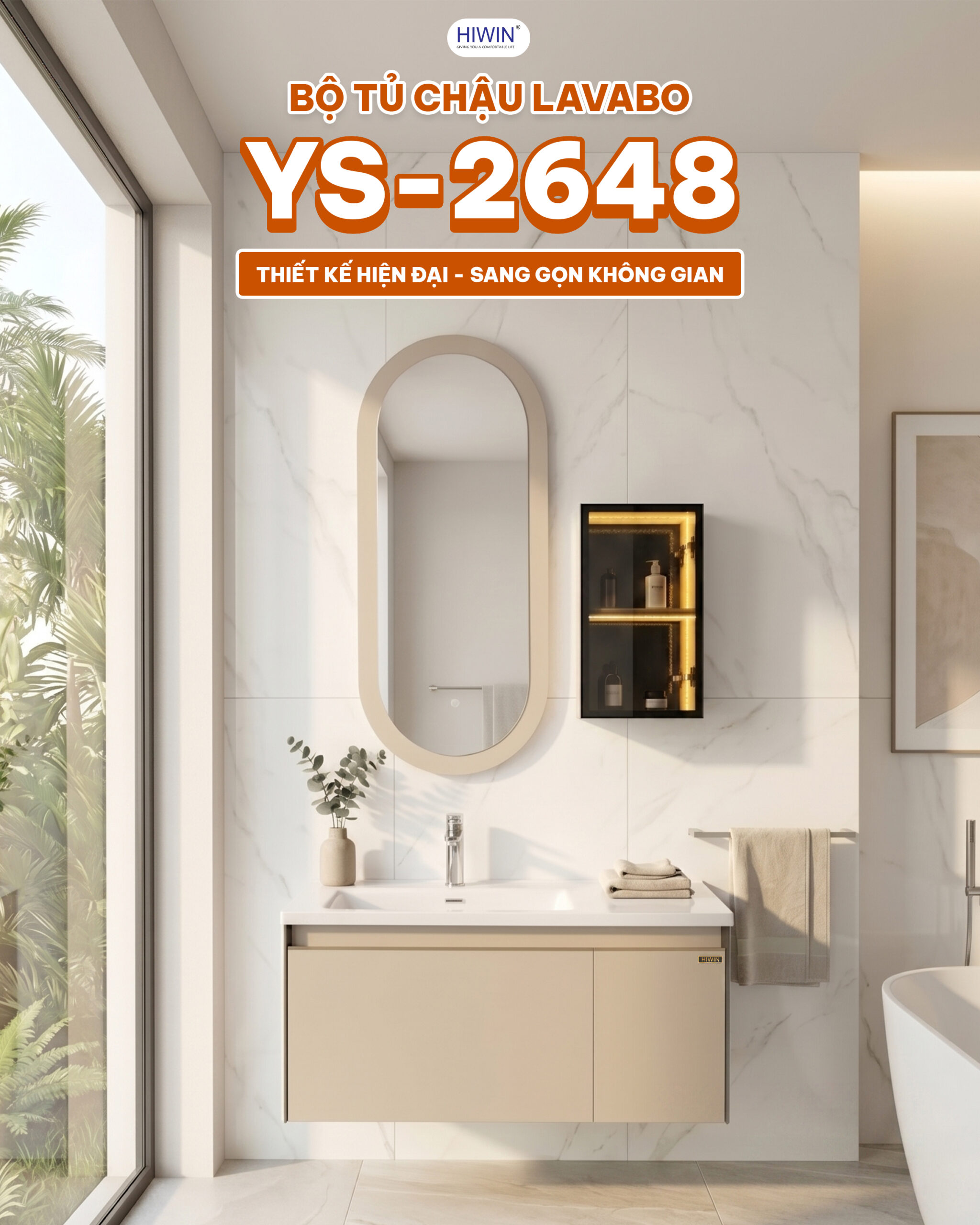 Bộ tủ chậu Hiwin YS-2648 màu be sáng thiết kế thanh lịch cho phòng tắm