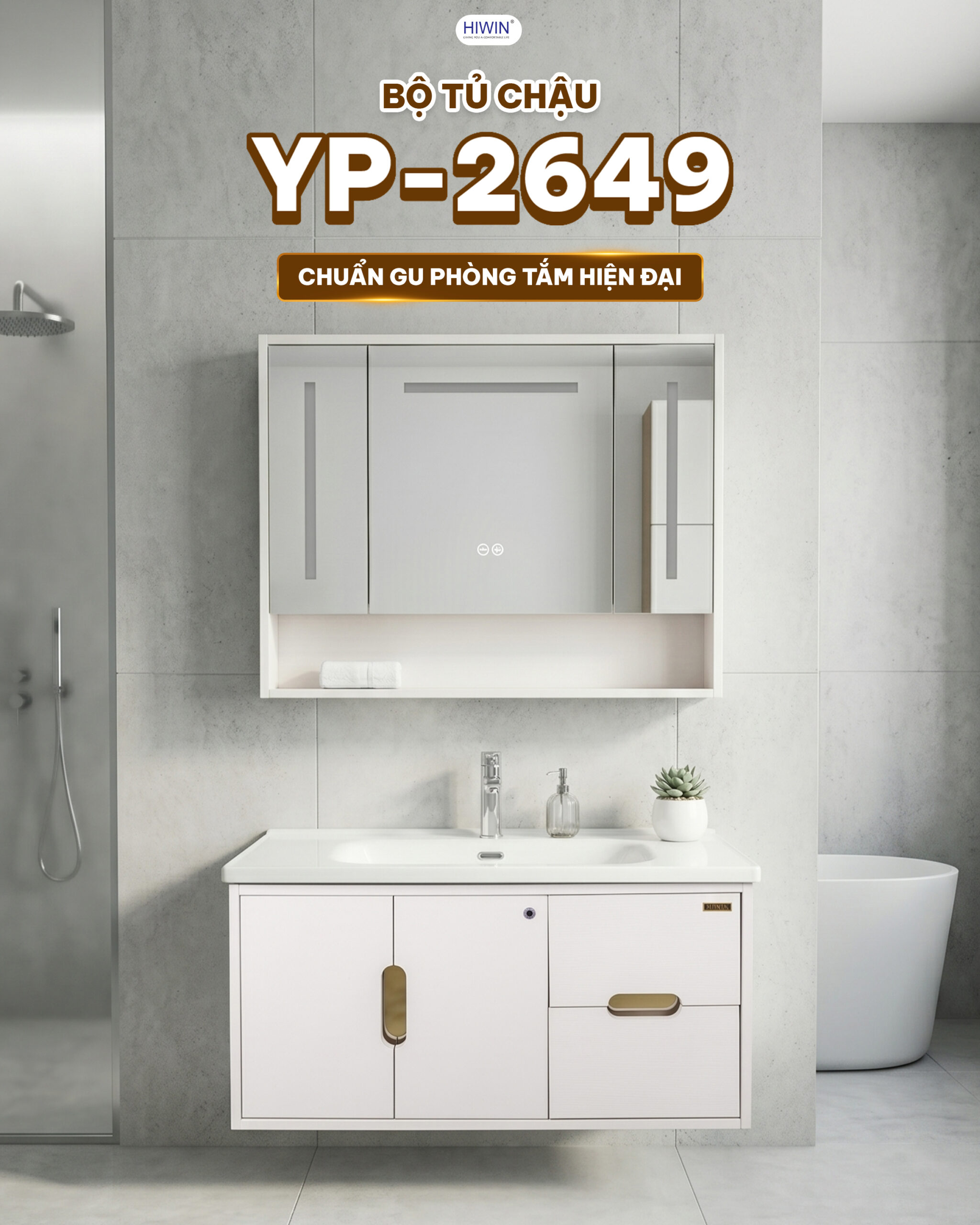 Bộ tủ chậu Hiwin YS-2649 màu trắng thiết kế hiện đại cho phòng tắm