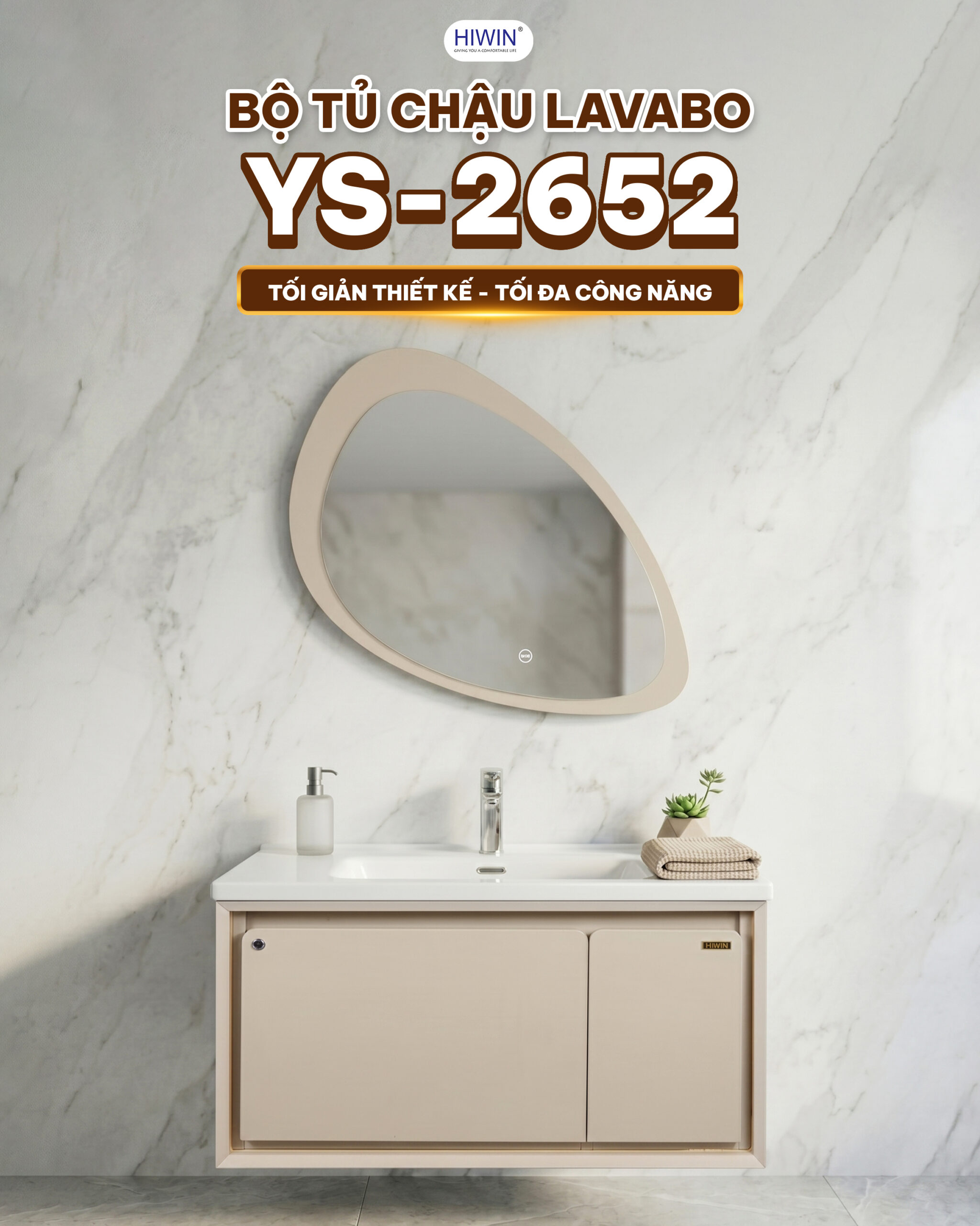 Bộ tủ chậu Hiwin YS-2652 màu be kết hợp gương dị hình phá cách