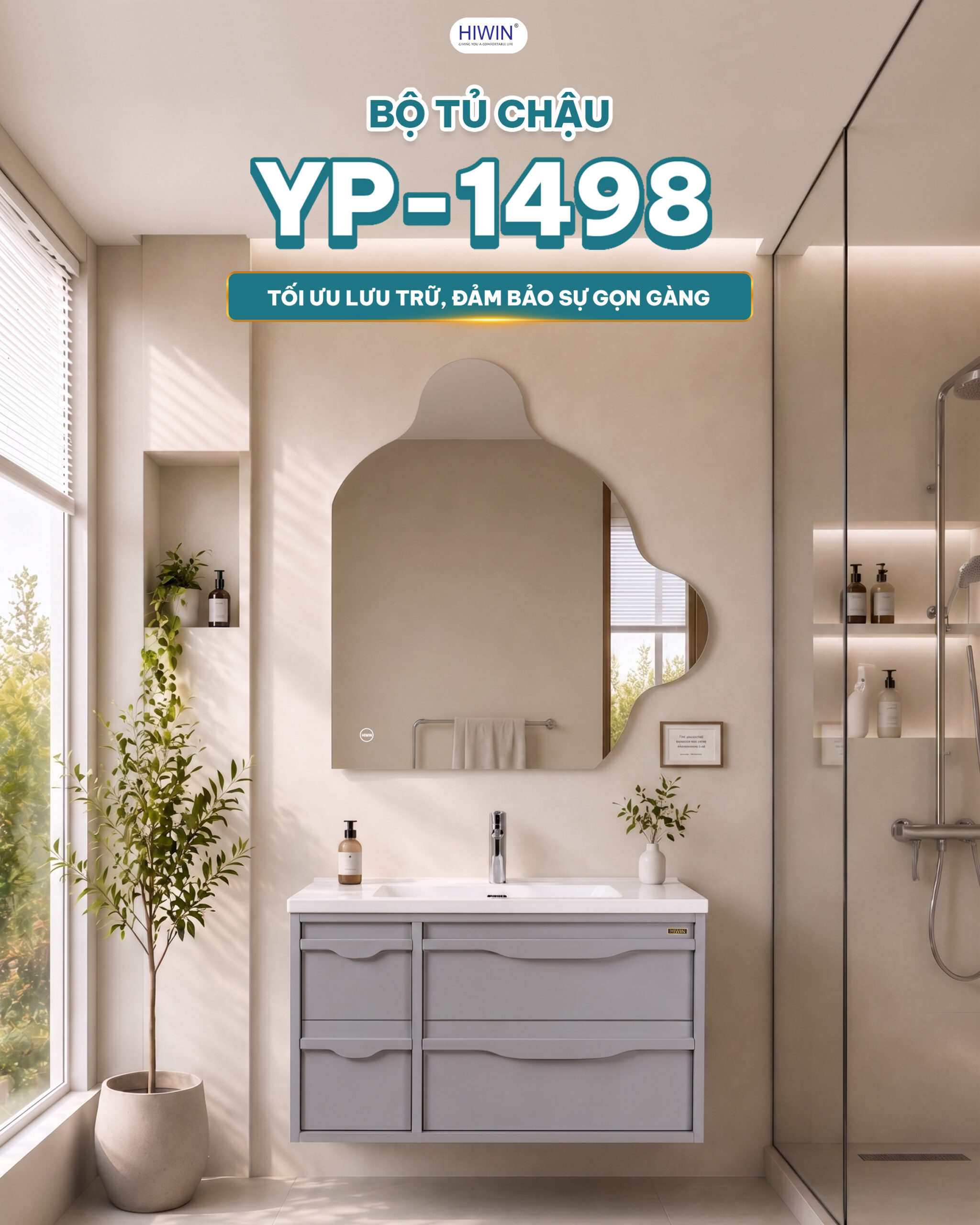 Bộ tủ chậu Hiwin YP-1498 màu xám sáng thiết kế 4 ngăn kéo gọn gàng